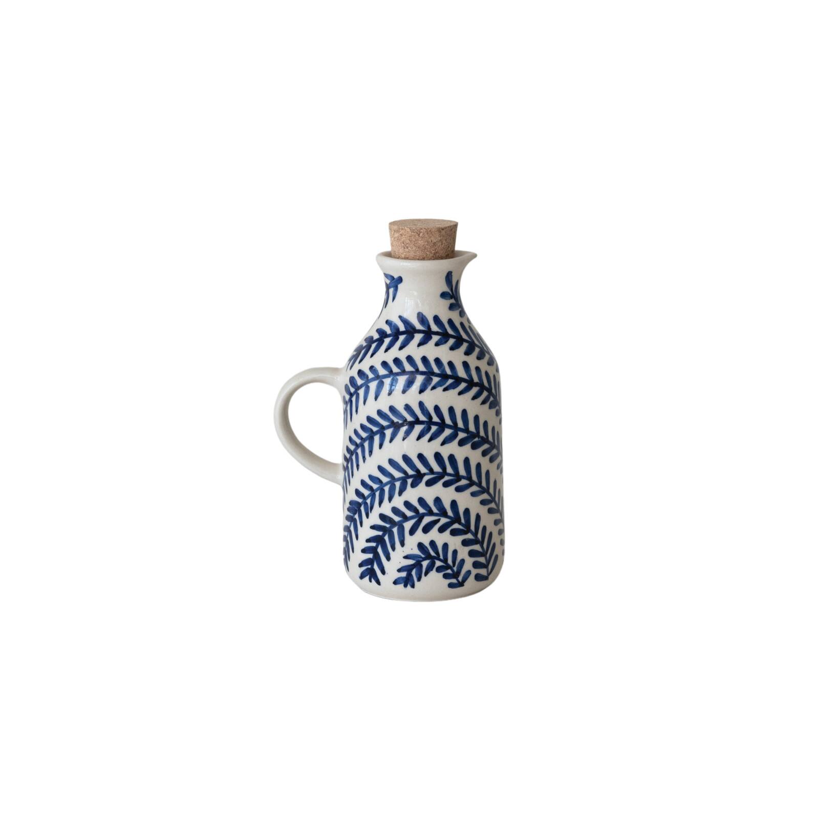 Hello Honey 8 oz. Hand-Painted Stoneware Oil Cruet with Design and Cork Stopper, Cream Color and Blue