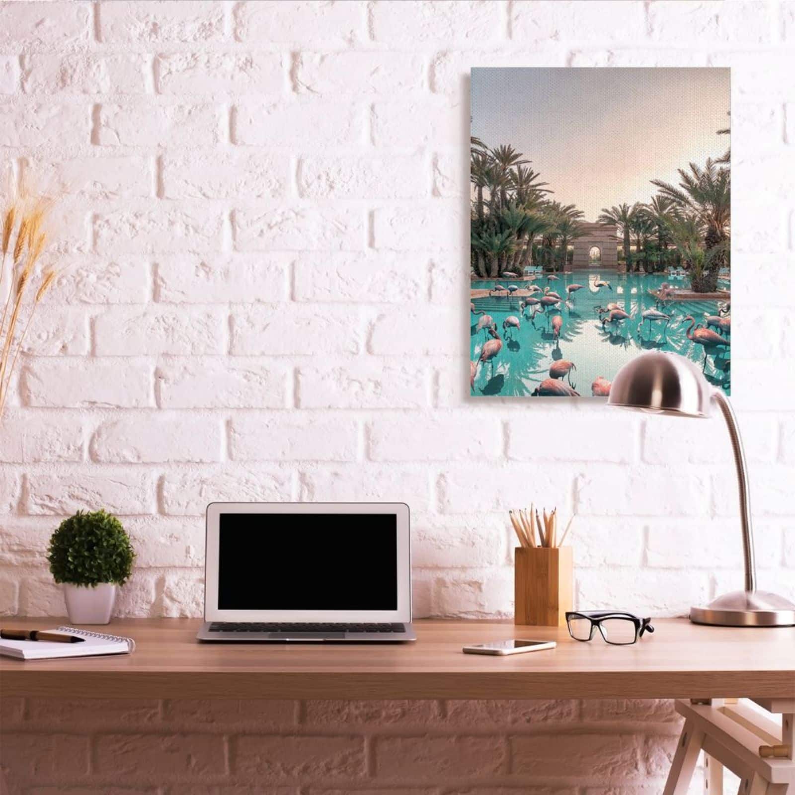Stupell Industries Tropical Pink Flamingo Pool Relaxed Reflection Palm Trees Canvas Wall Art