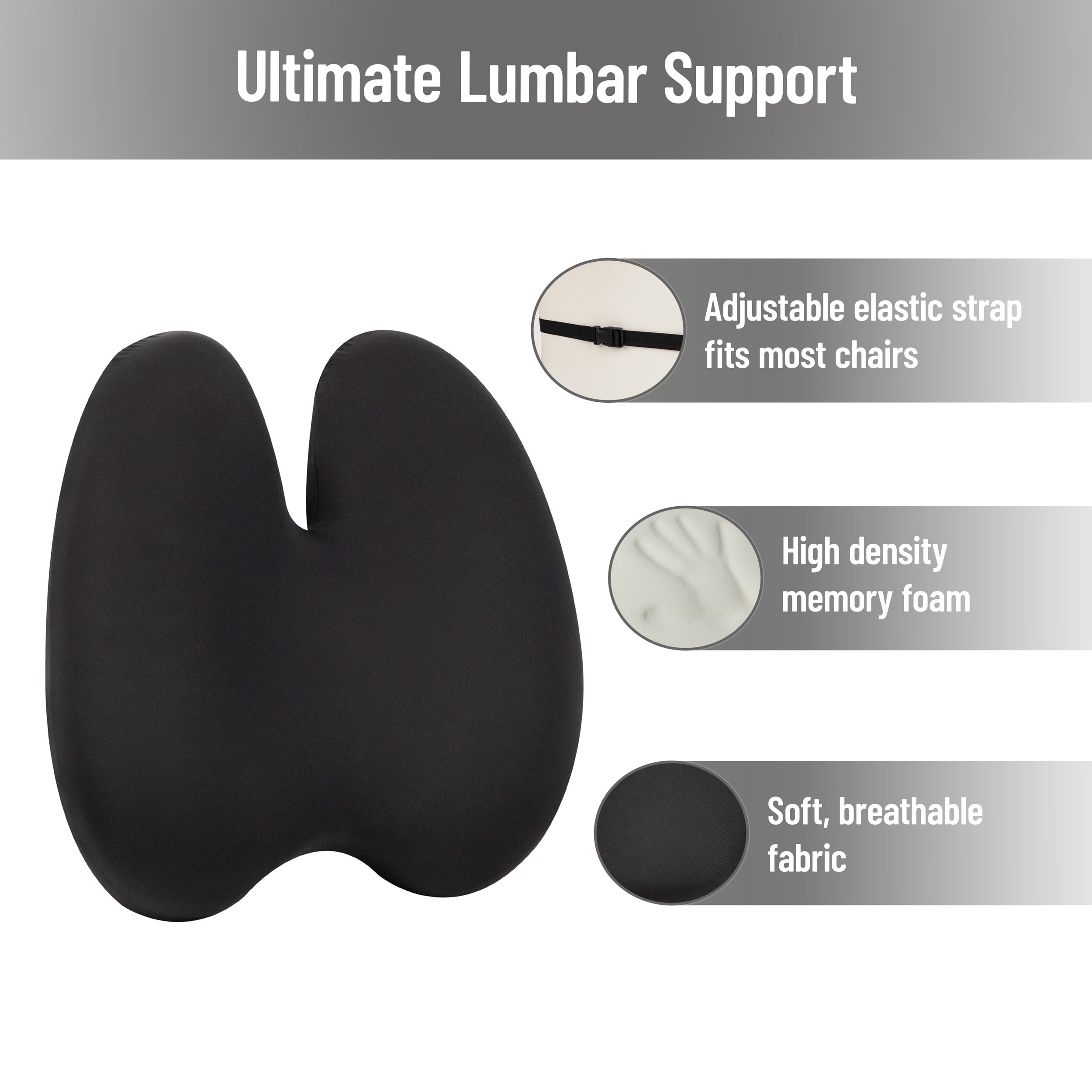 Mind Reader 15.25" Black Lumbar Support Memory Foam Pillow with Air-Cloud Technology