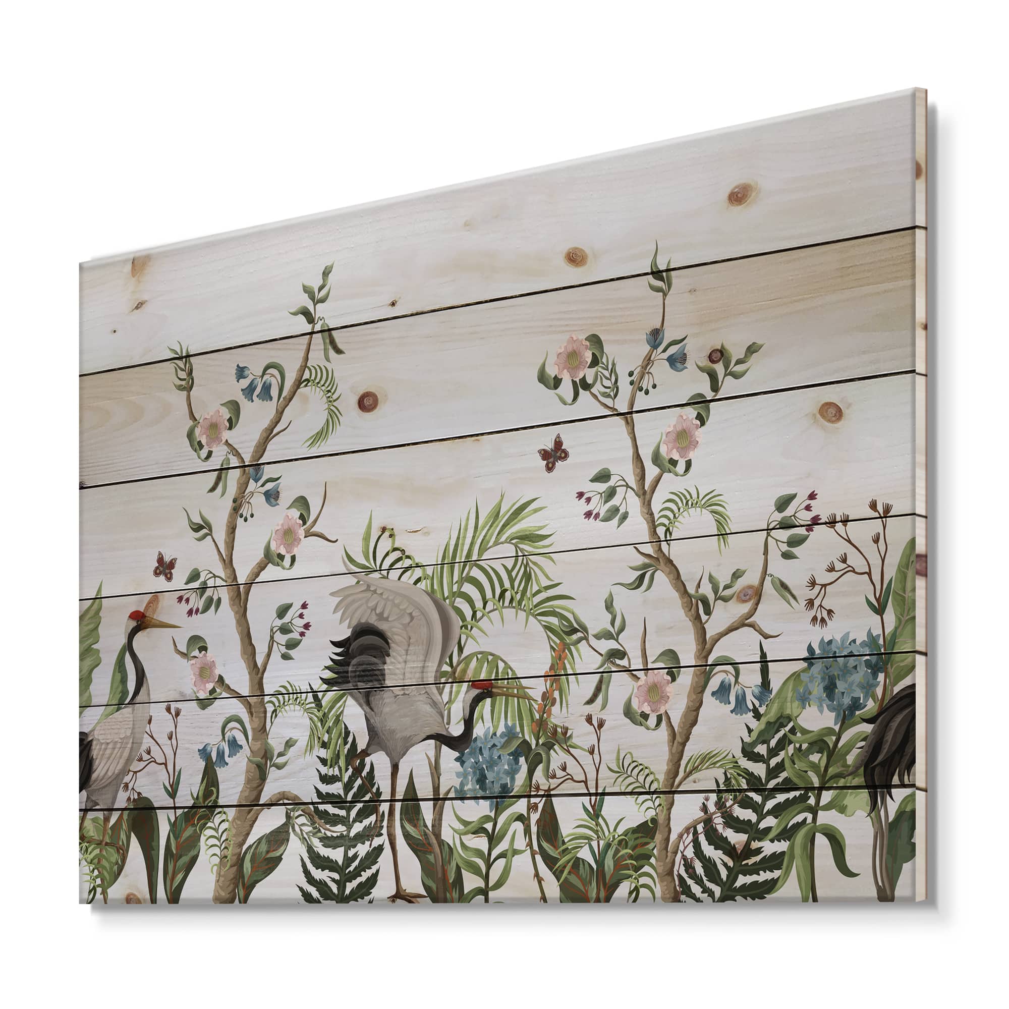 Designart - Border With Cranes & Peonies In Chinoiserie Style - Traditional Print on Natural Pine Wood