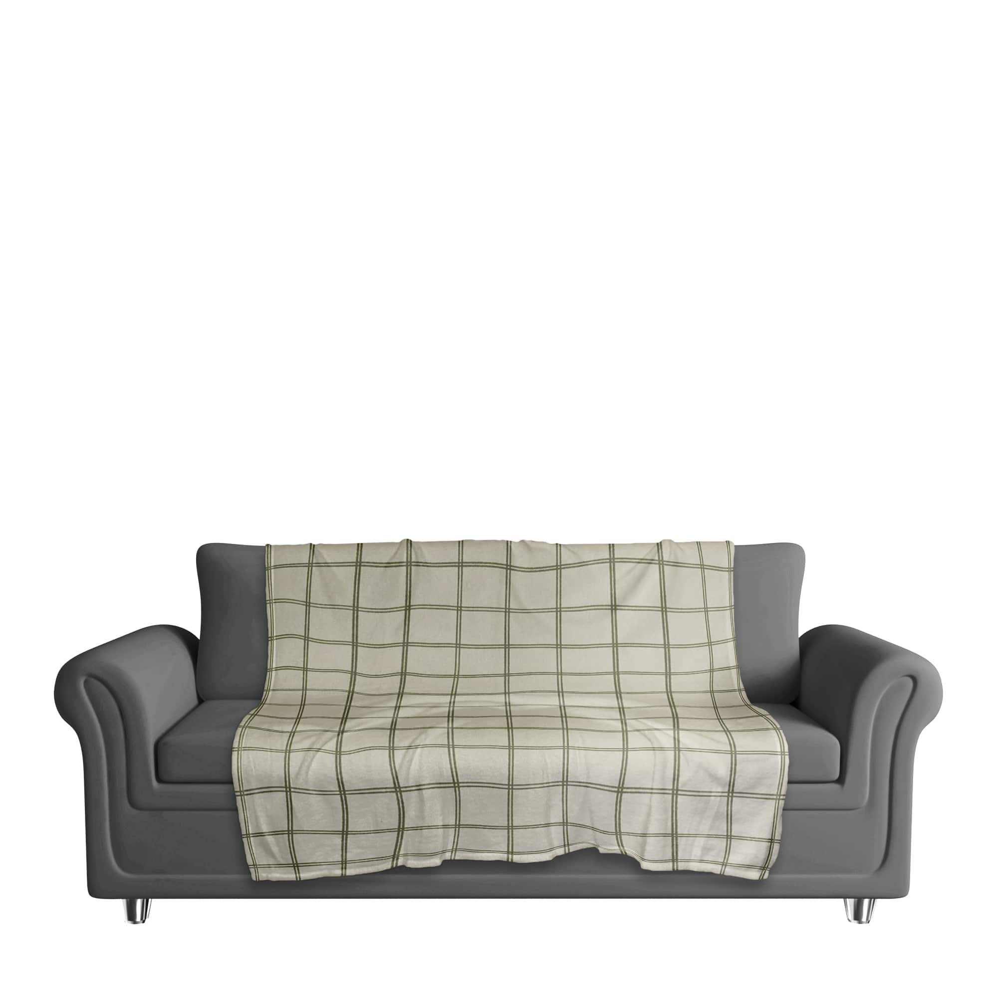 Cream and Green Check Coral Fleece Blanket