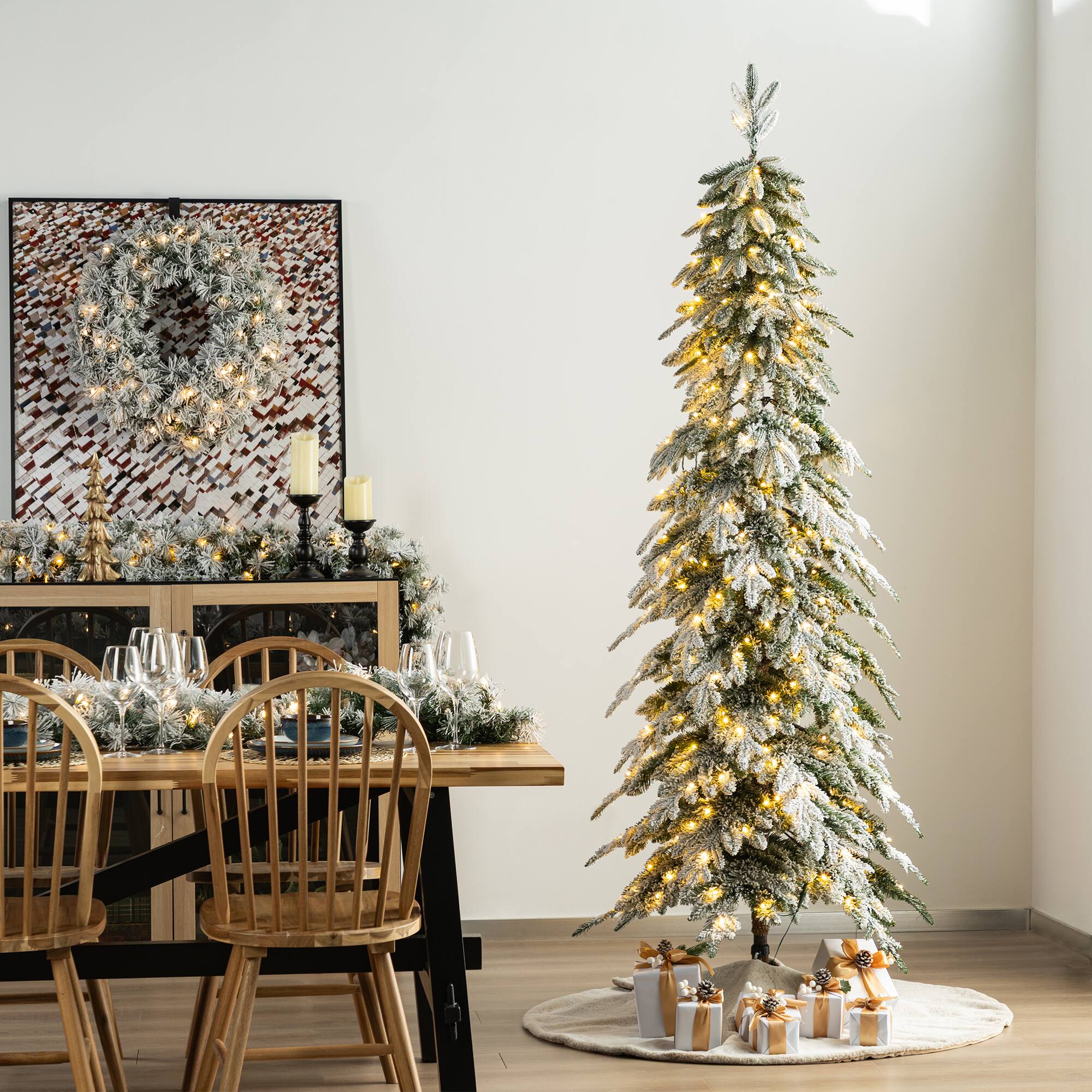7.5ft. Pre-Lit Flocked Pencil Spruce Artificial Christmas Tree, Warm White LED Lights