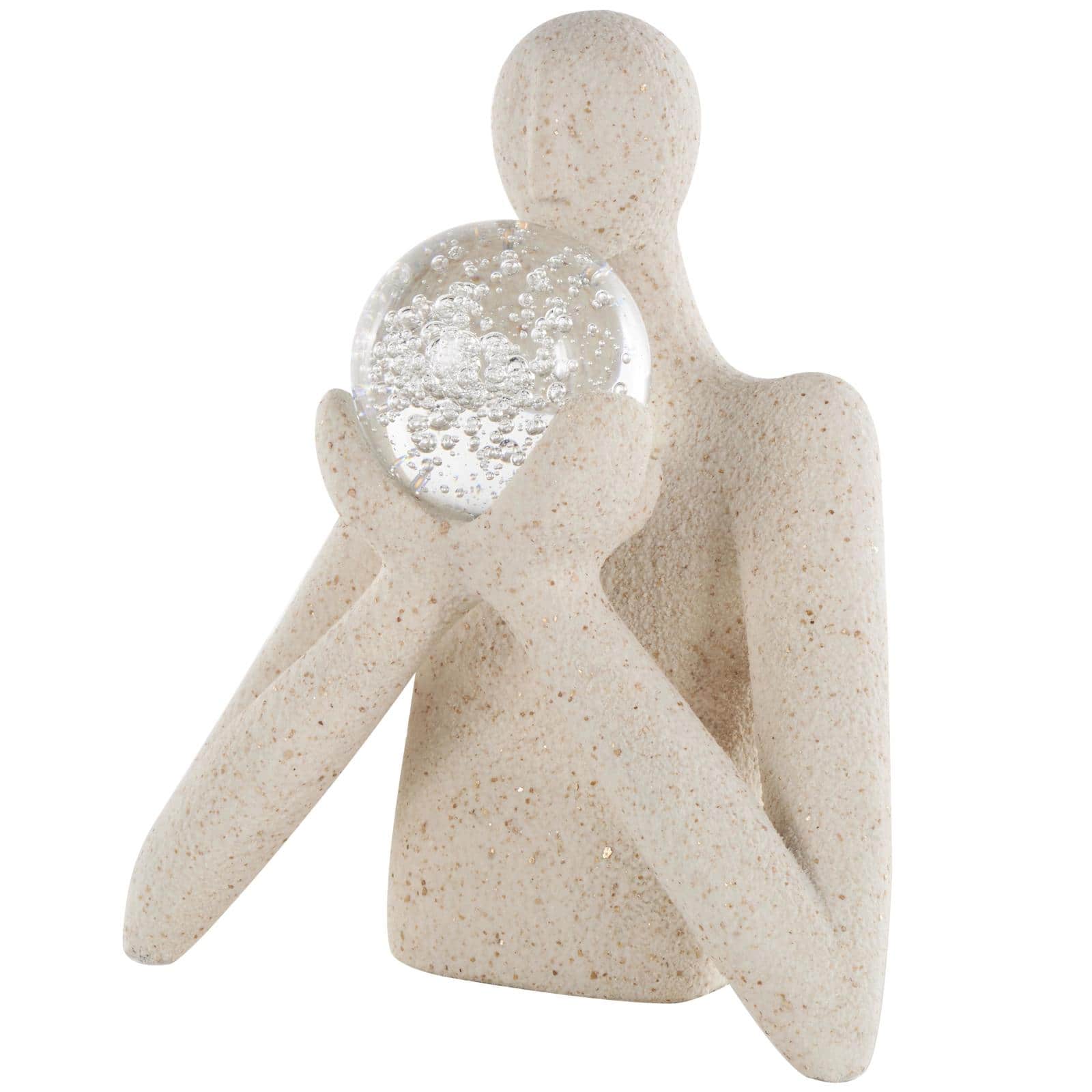 12.75" Cream People Abstract Textured Polystone Sculpture with Clear Glass Ball & Gold Speckles