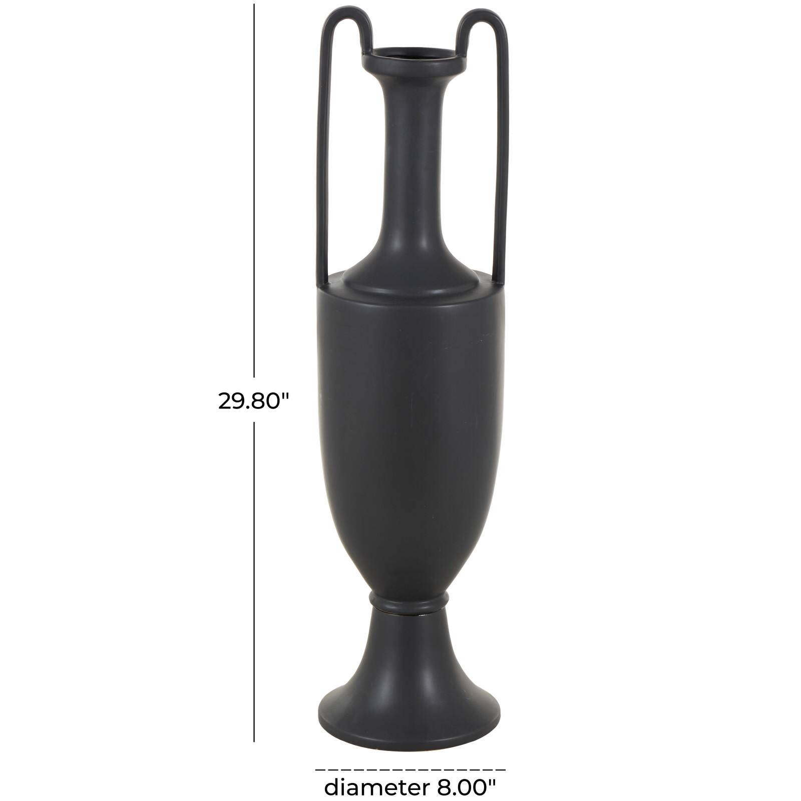 30" Black Fluted Urn Shaped Decorative Ceramic Vase with Arch Handles