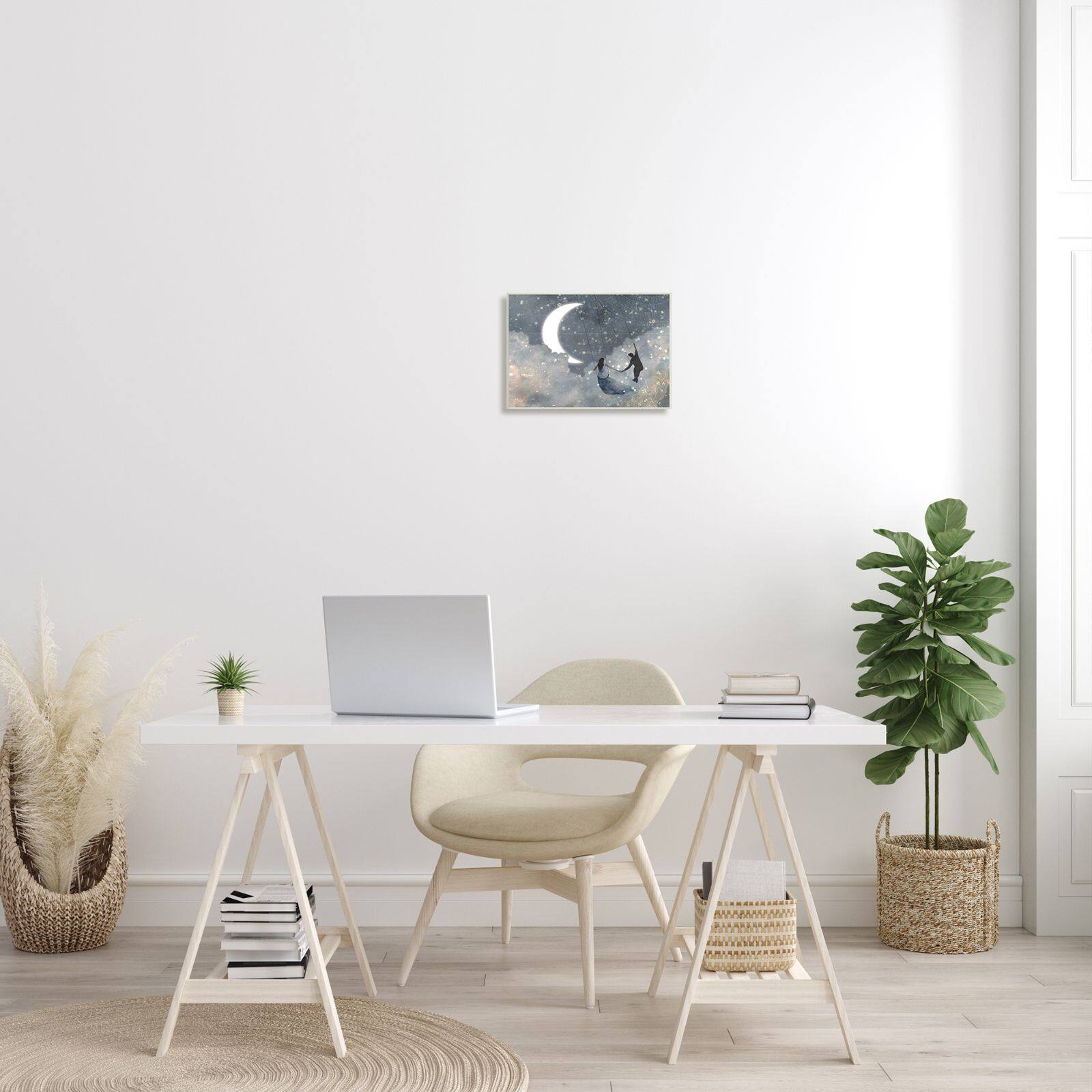 Stupell Industries Grey and Blue Celestial Love Sky Swinging by the Crescent Moon and Stars Wood Wall Plaque