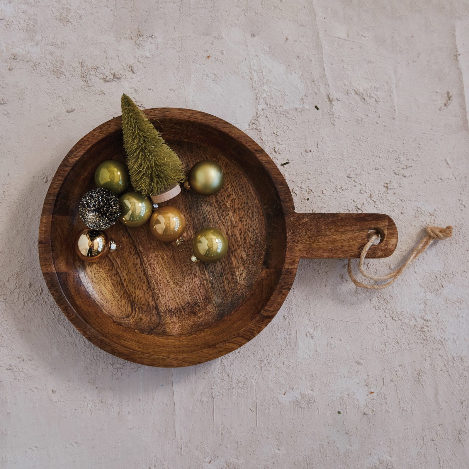 Hello Honey® 13.25" Natural Carved Mango Wood Bowl with Handle & Jute Tie