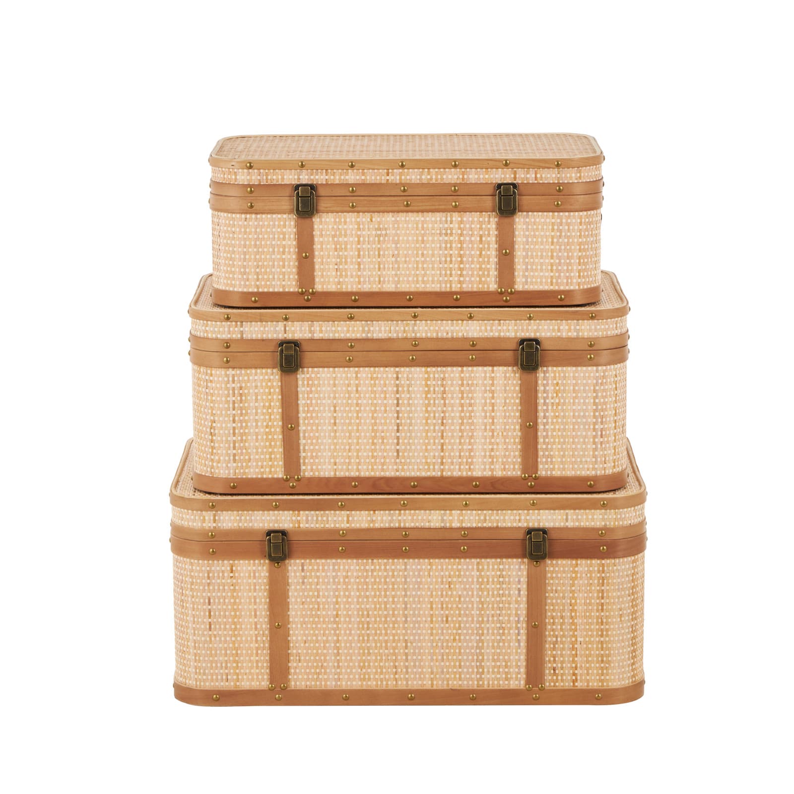 Light Brown Rattan Woven Decorative Trunk Set with Brass Metal Latches & Brown Wooden Accents