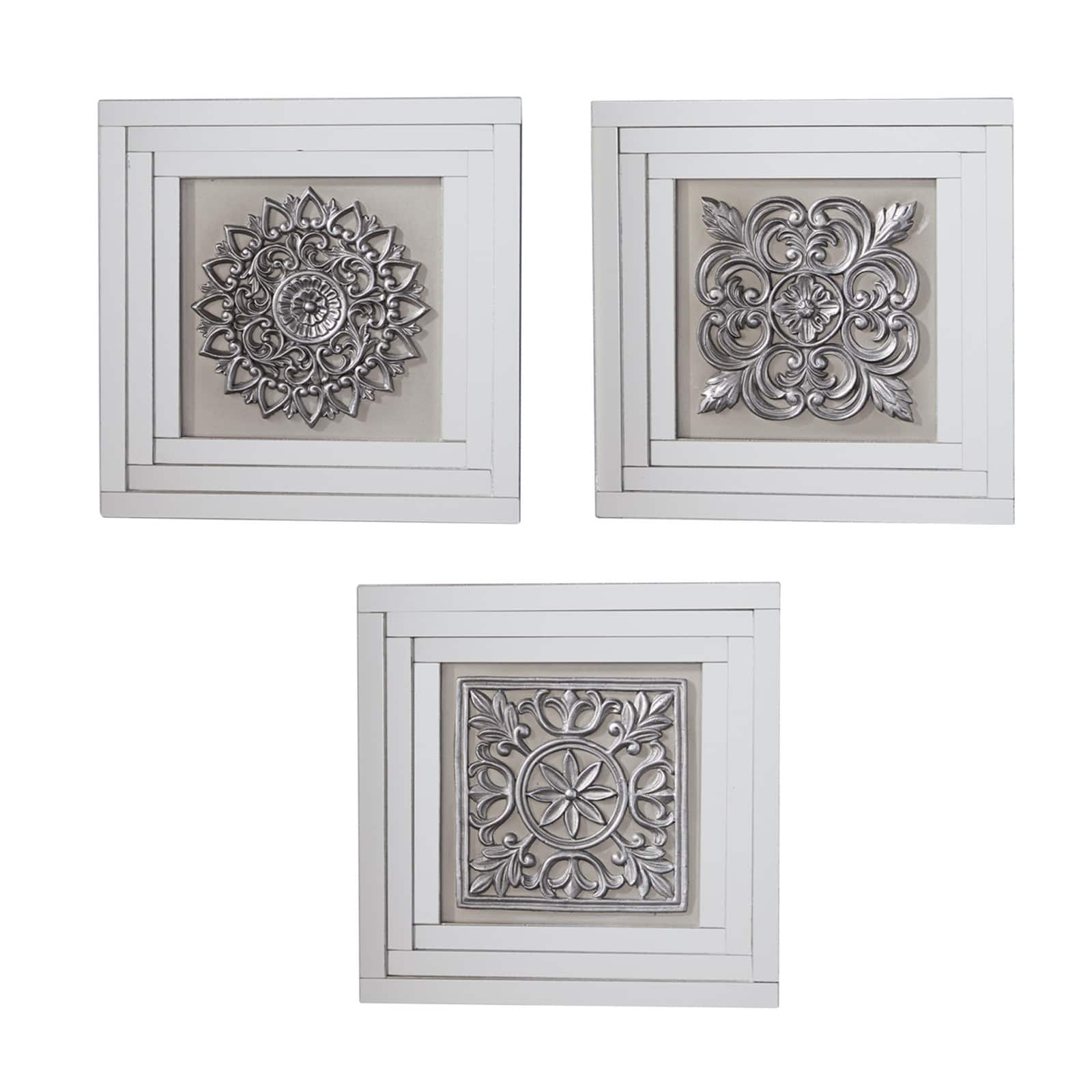 16" White & Silver Mirror Glam Floral Wall Décor Set