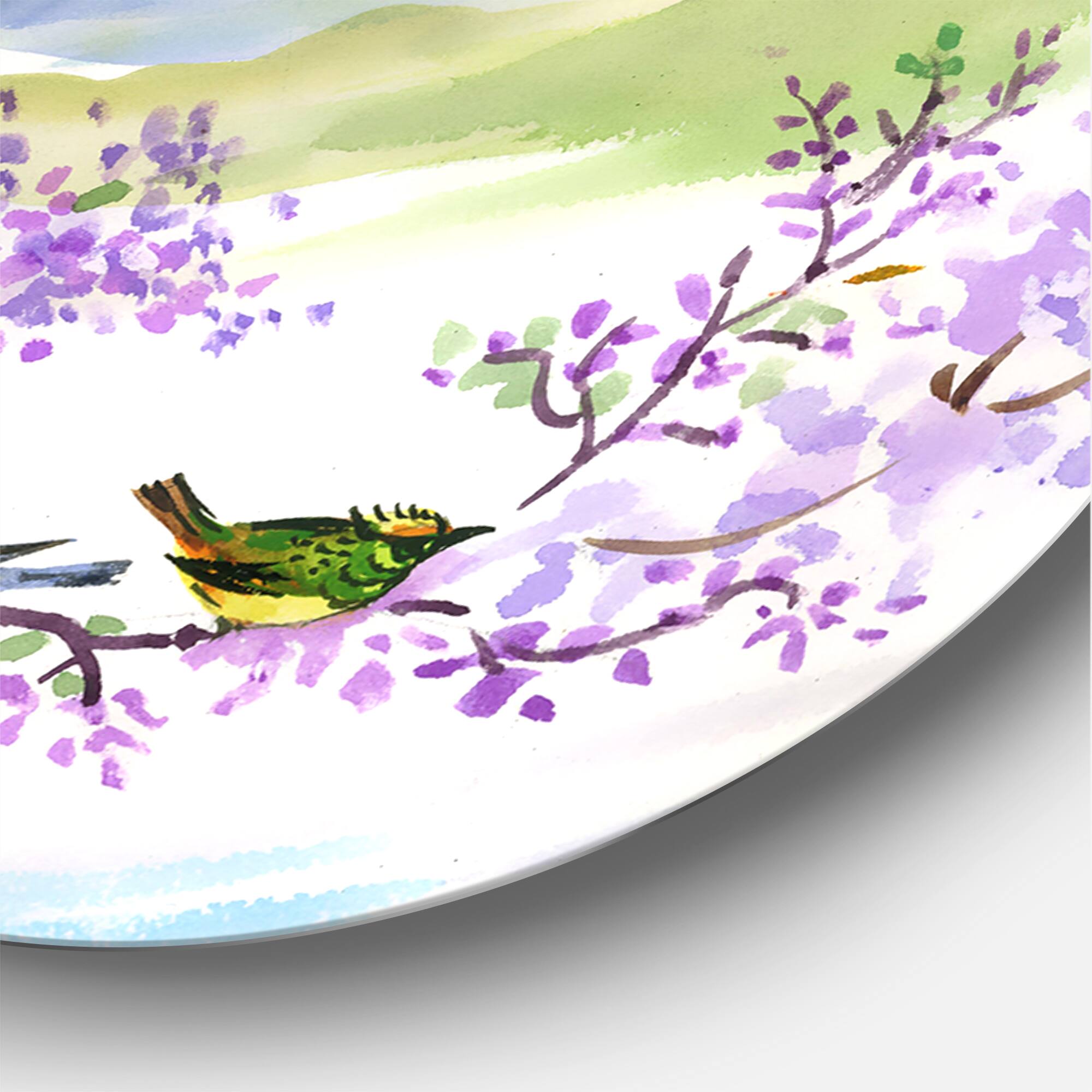 Designart - Birds On Cherry Branch - Traditional Metal Circle Wall Art