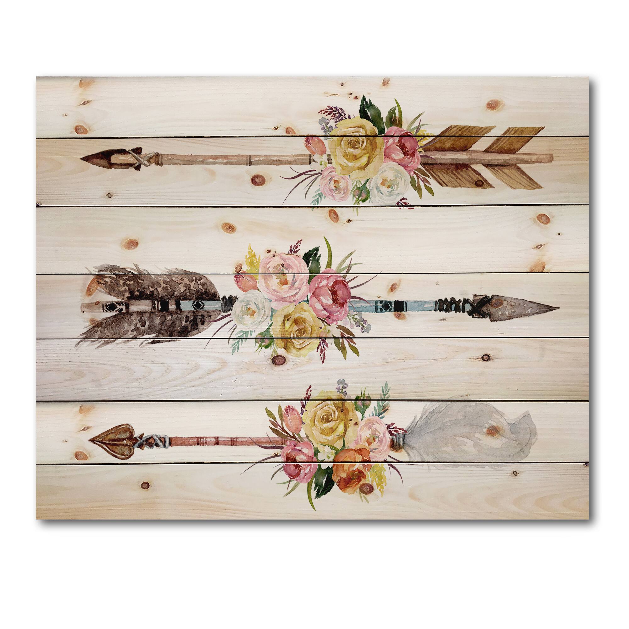 Designart - Ethnic Feathers and Flowers On Native Arrows II - Bohemian & Eclectic Print on Natural Pine Wood