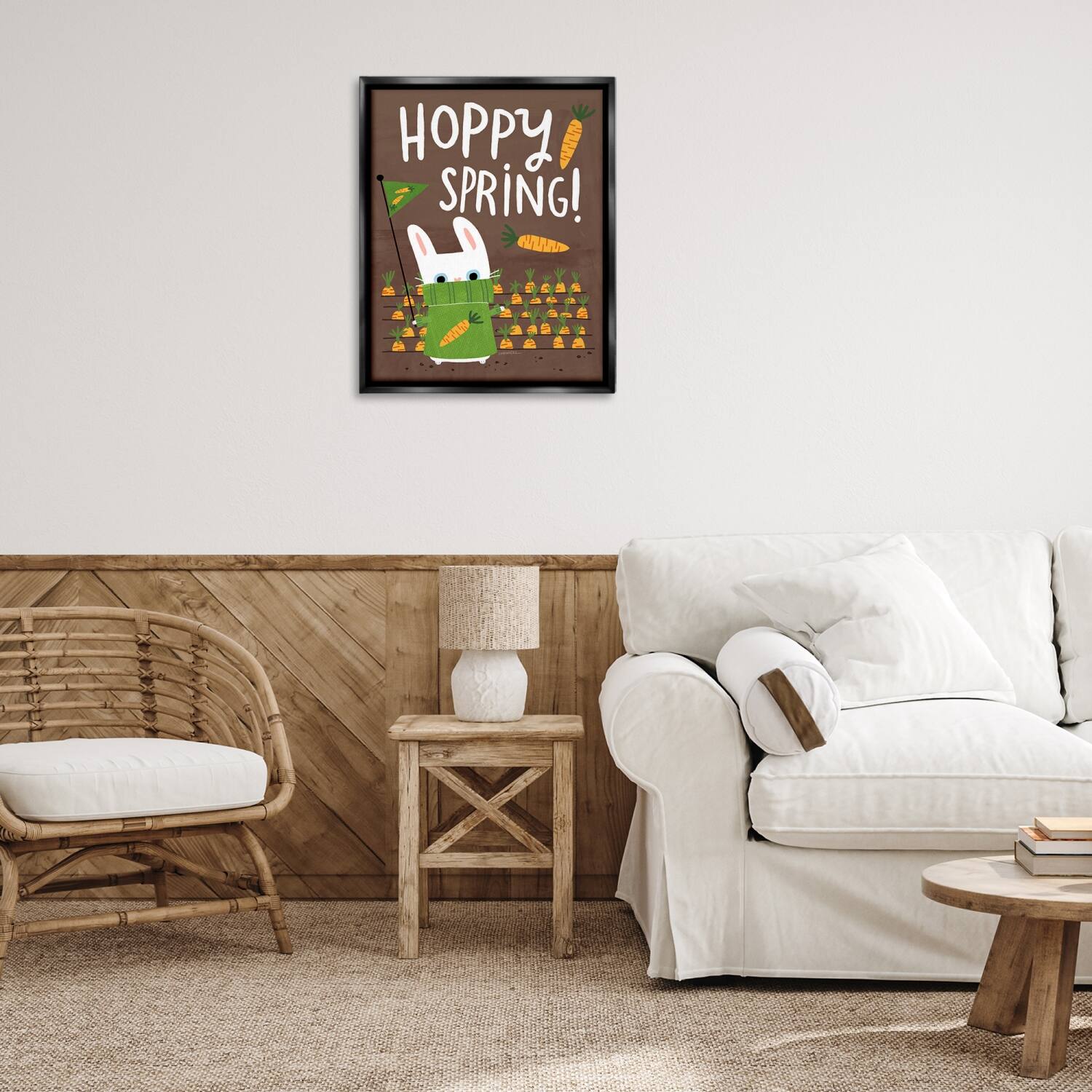 Stupell Industries Happy Spring Bunny & Carrots Floater Framed Art