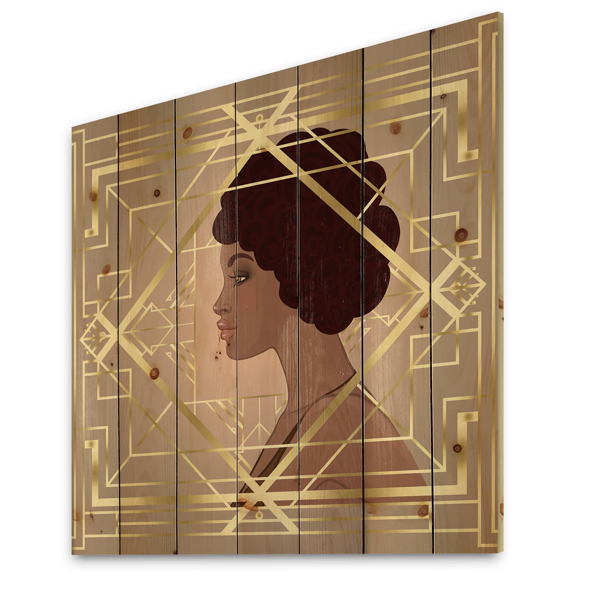 Designart - Retro Women In Golden Art Deco Geometrics II - Modern Print on Natural Pine Wood