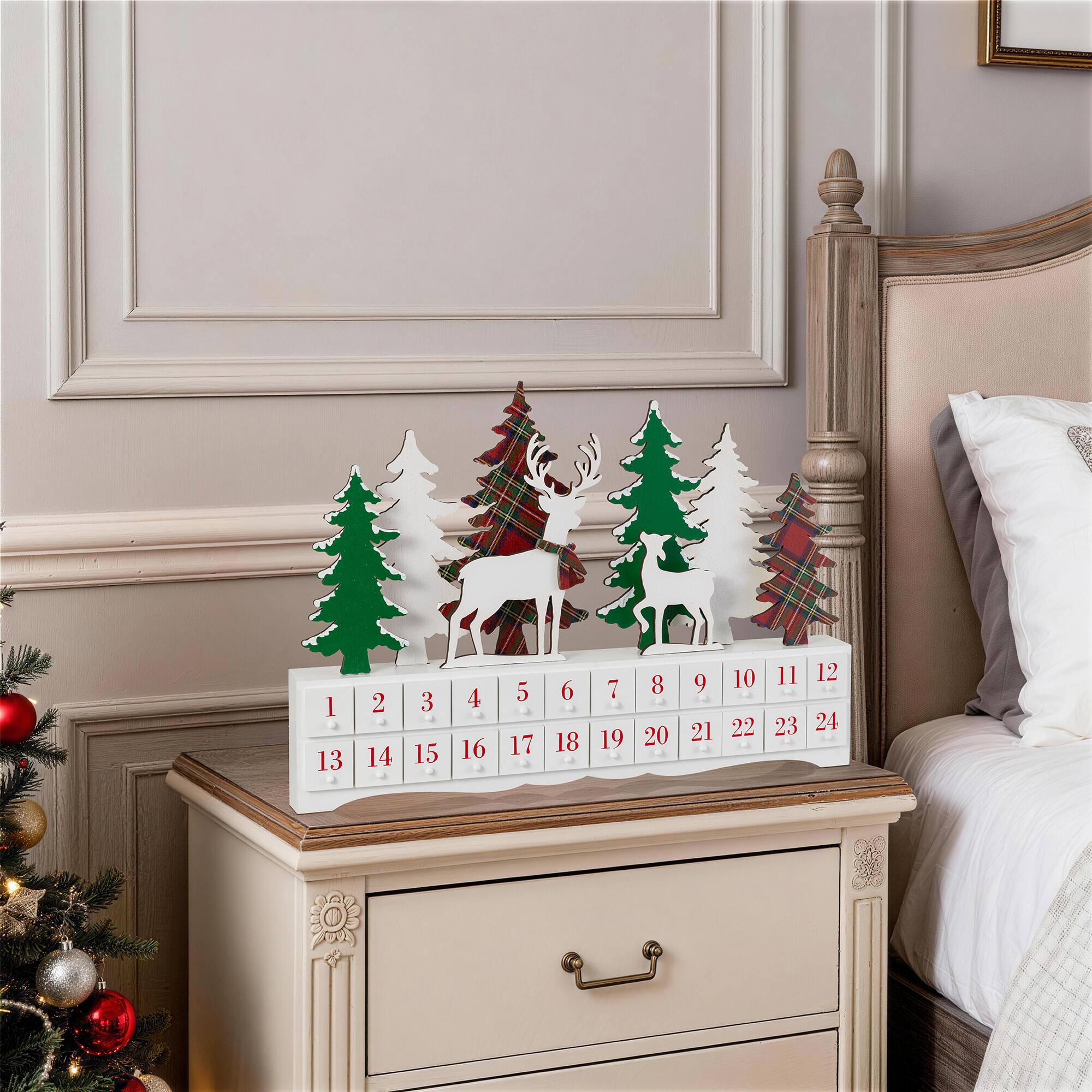 Glitzhome® 19.5" Wooden Christmas Tree & Reindeer Advent Calendar Decor
