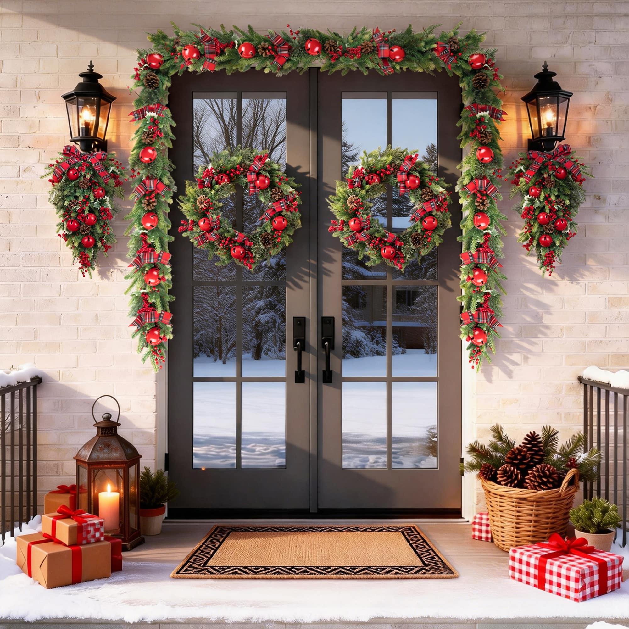Glitzhome® 6ft. Christmas Bell Pinecone & Berry Bow Garland, Set of 2