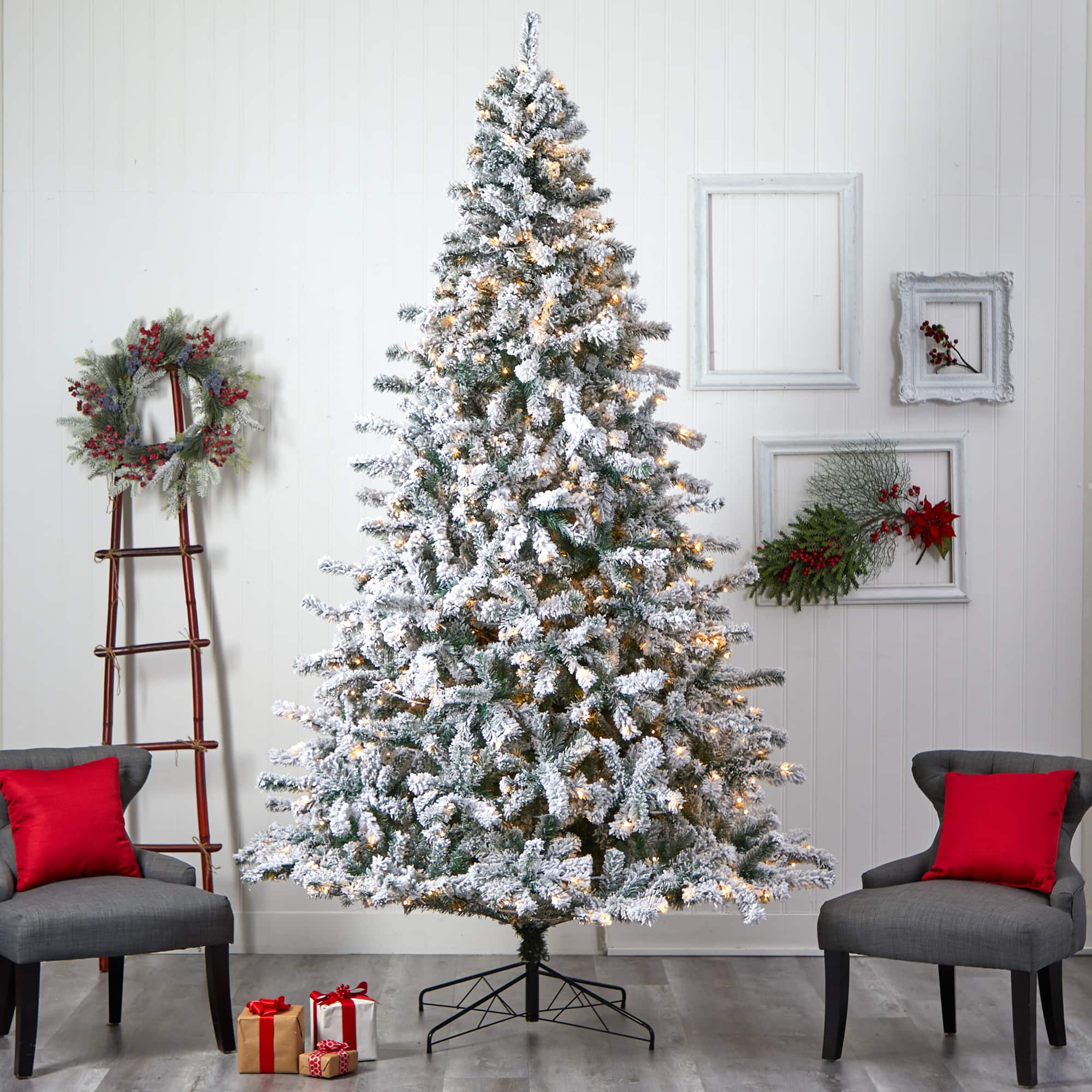 10ft. Pre-Lit Flocked Rock Springs Spruce Artificial Christmas Tree, Clear LED Lights
