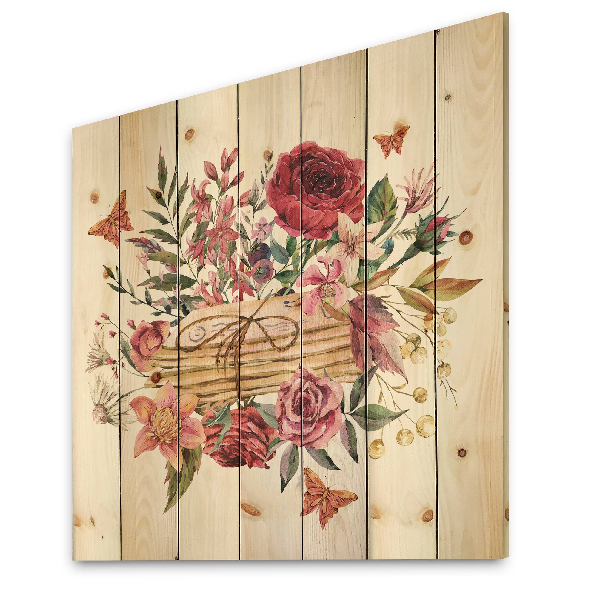 Designart - Vintage Old Letters With Wildflowers - Farmhouse Print on Natural Pine Wood