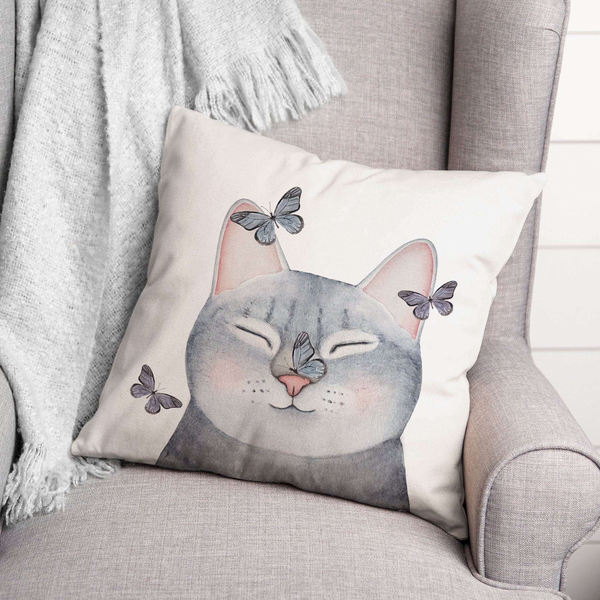Cat with Butterflies Indoor/Outdoor Pillow