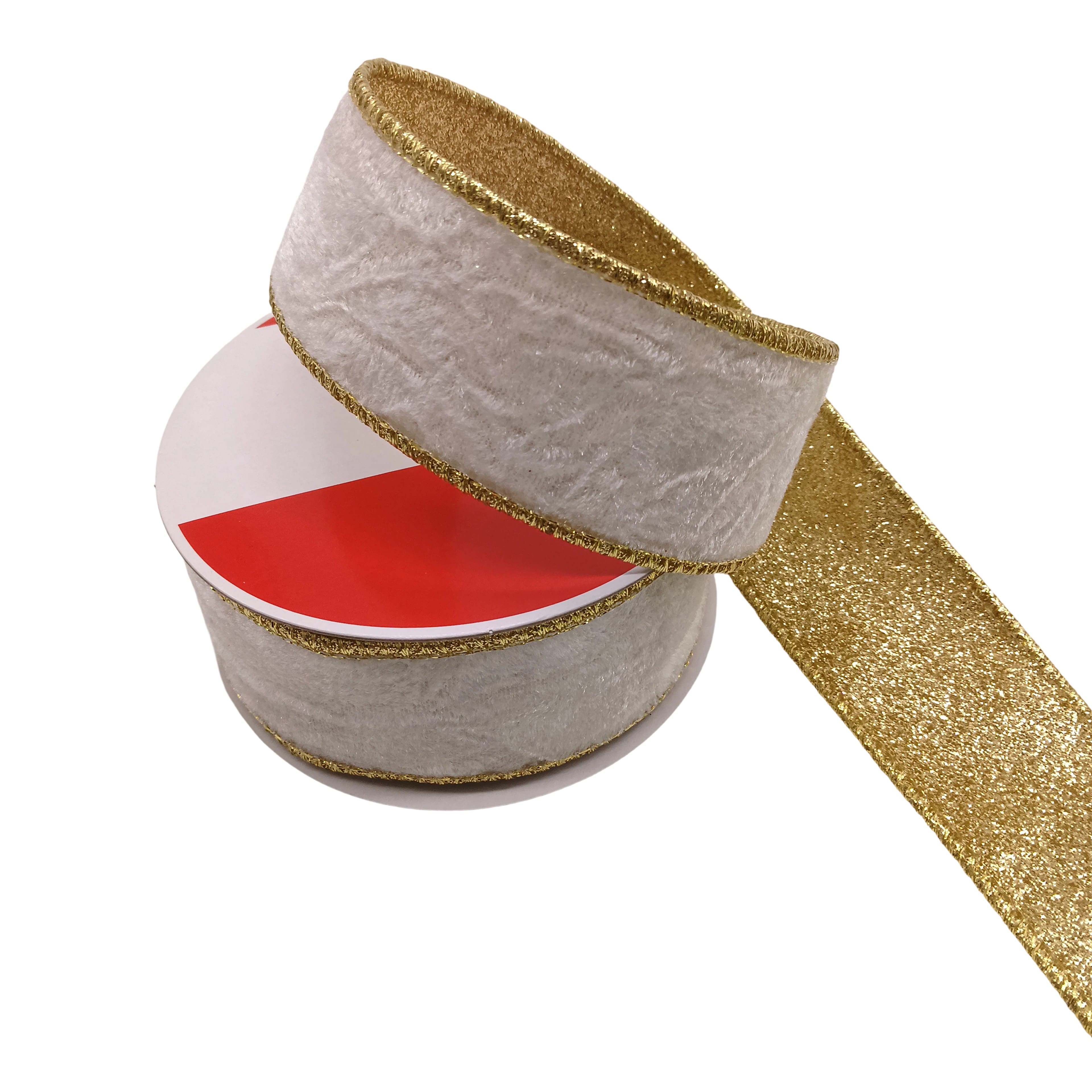 1.5" x 5yd. Ivory Crushed Velvet Wired Gold Glitter Ribbon by Celebrate It®