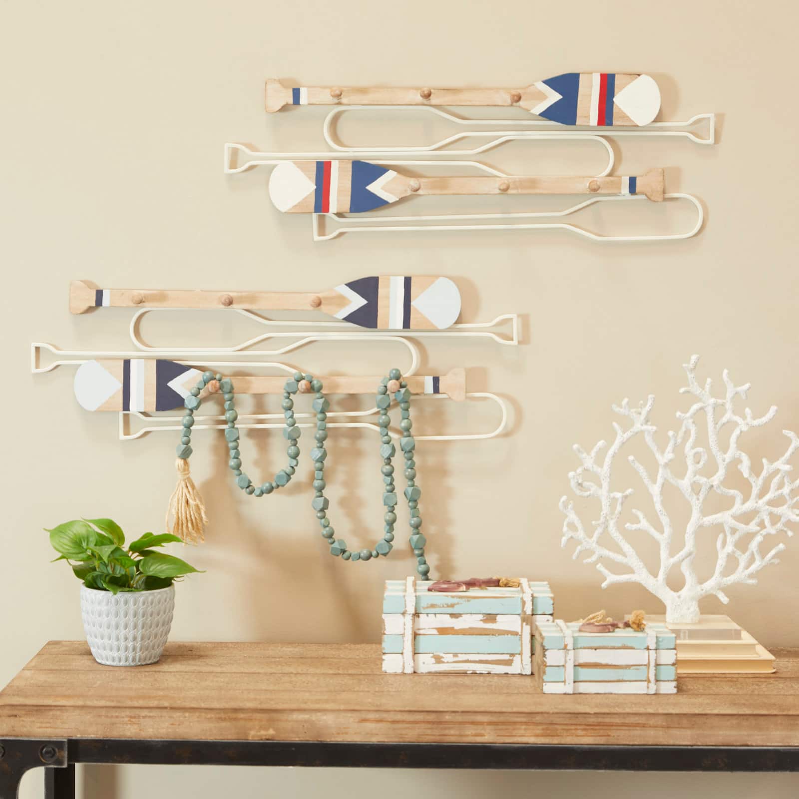 Light Brown Wood 12 Hangers Paddle Wall Hook with Stripe Patterns Set of 2 30", 29"
