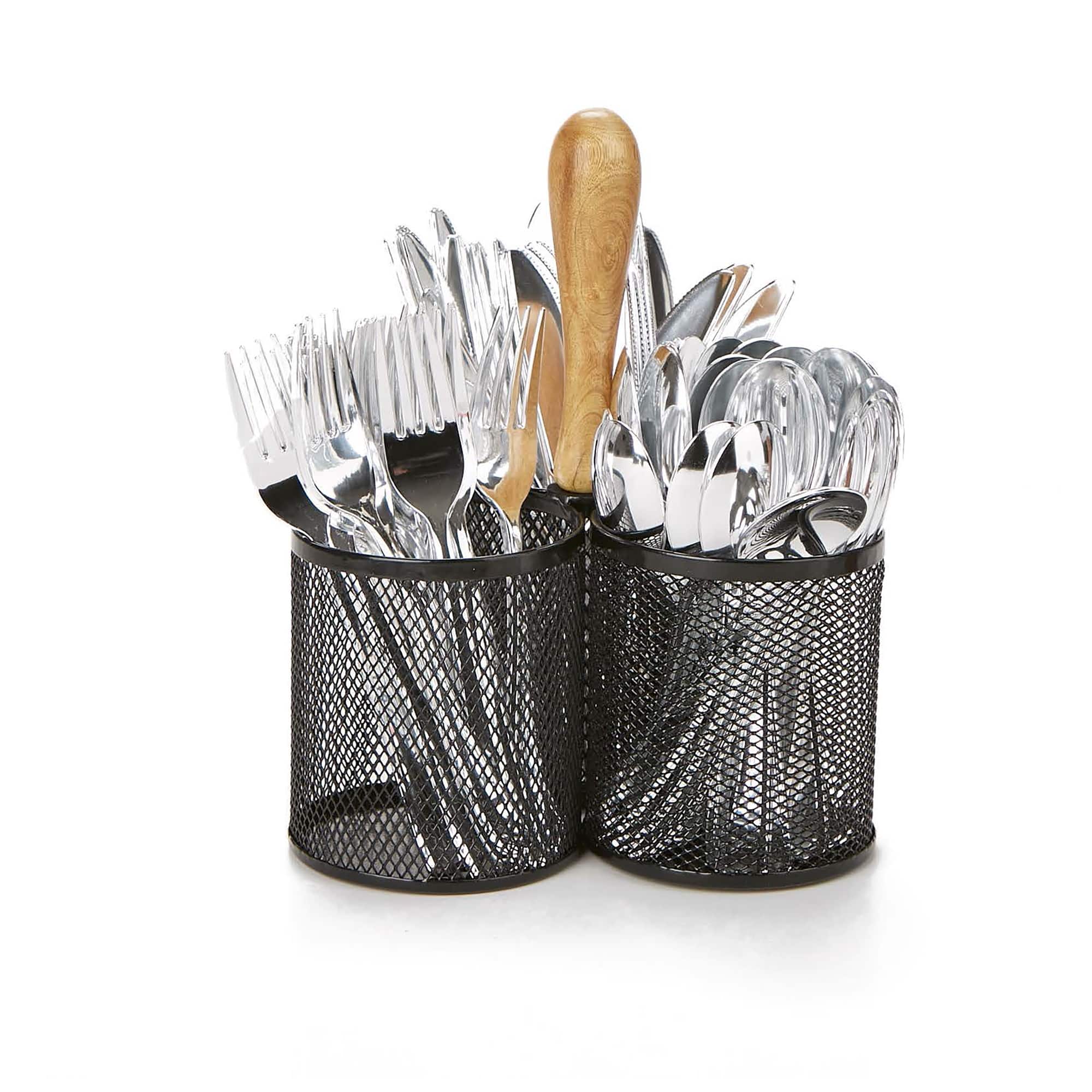 Mind Reader Network Collection Black 3-Compartment Utensil Caddy with Wooden Handle