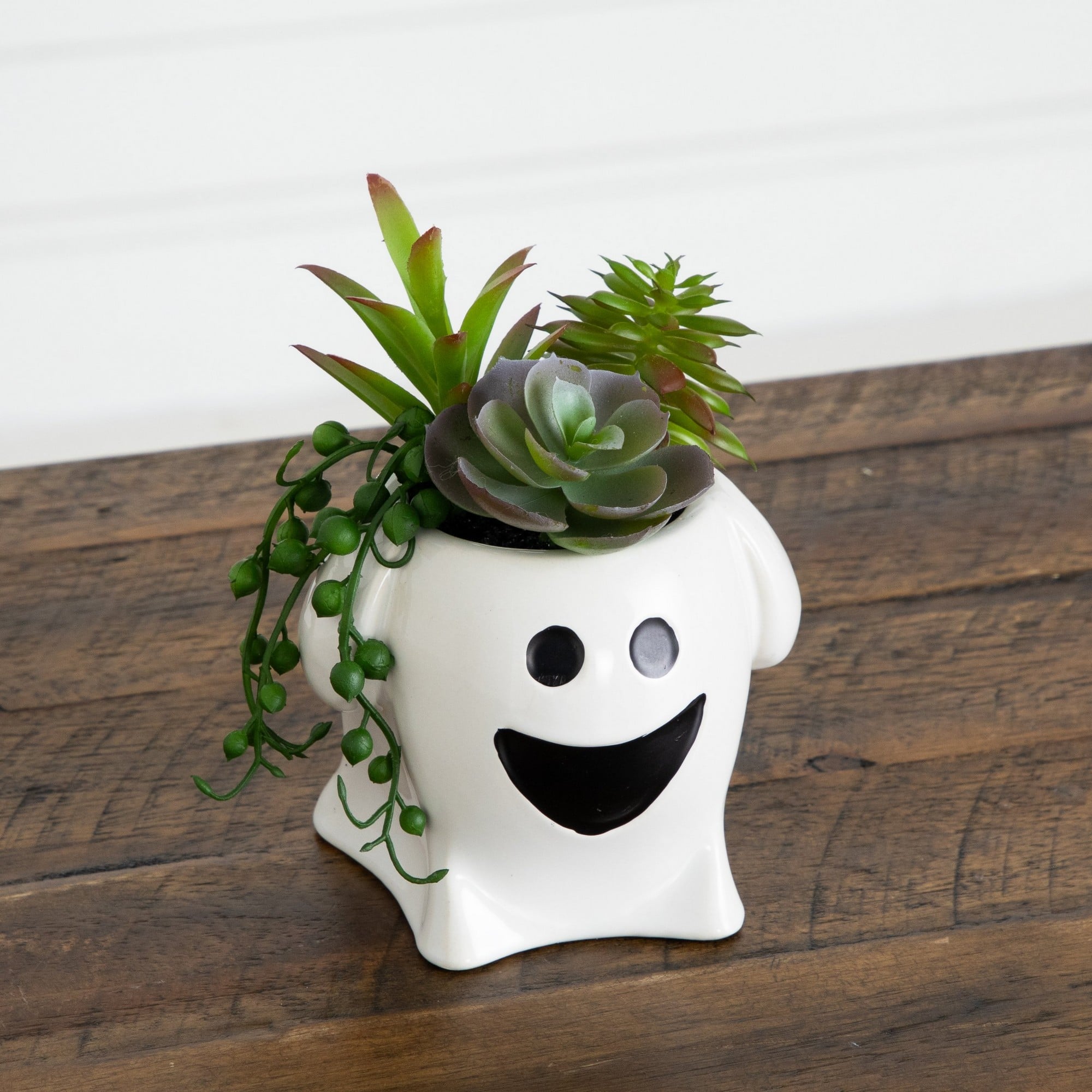 5" Artificial Halloween Succulent Garden in Happy Ghost Planters Set