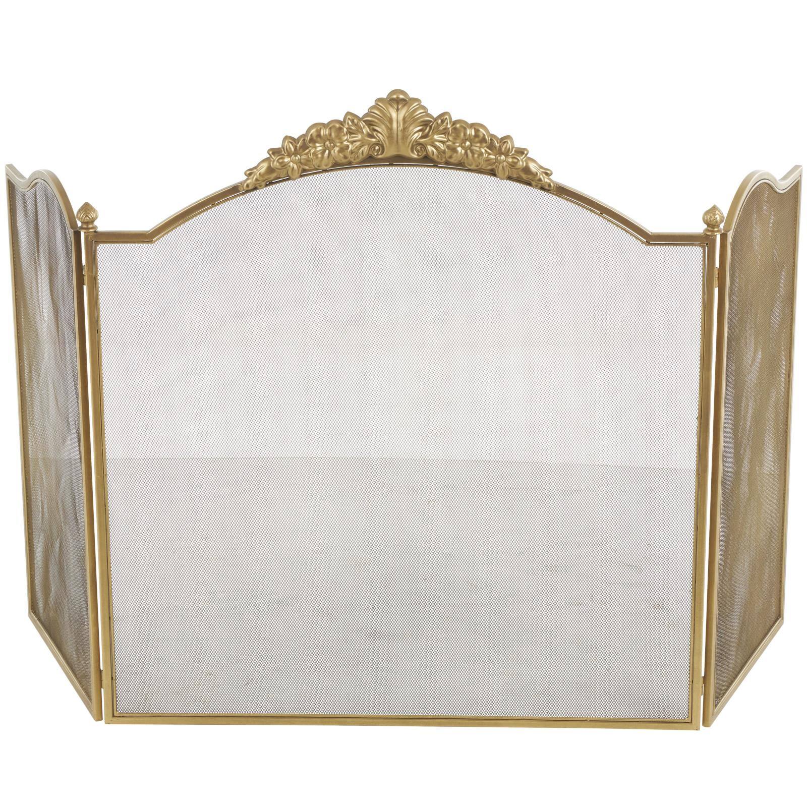 29" x 14" x 30" Gold Metal Floral Ornate Antique Arched 3 Panel Living Room Fireplace Screen with Finial Accents