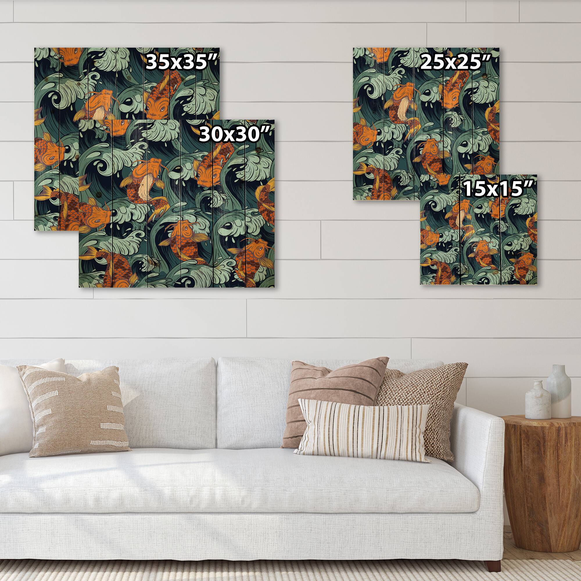 Designart - Japanese Koi Fish - Nautical & Coastal Print on Natural Pine Wood