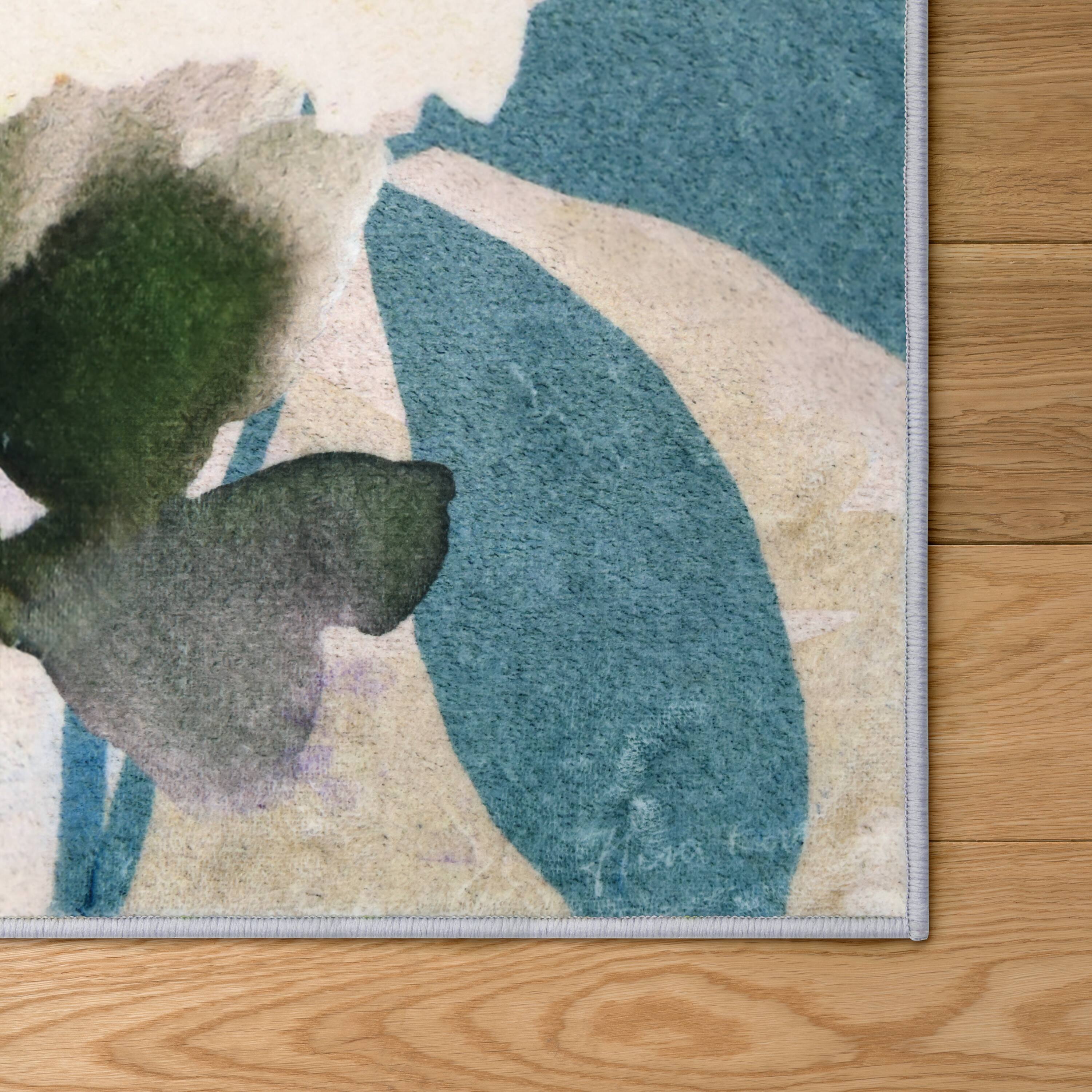Empire Art Direct Peach 5ft.x 7.5ft. Teal Floral Washable Flowers Area Rug
