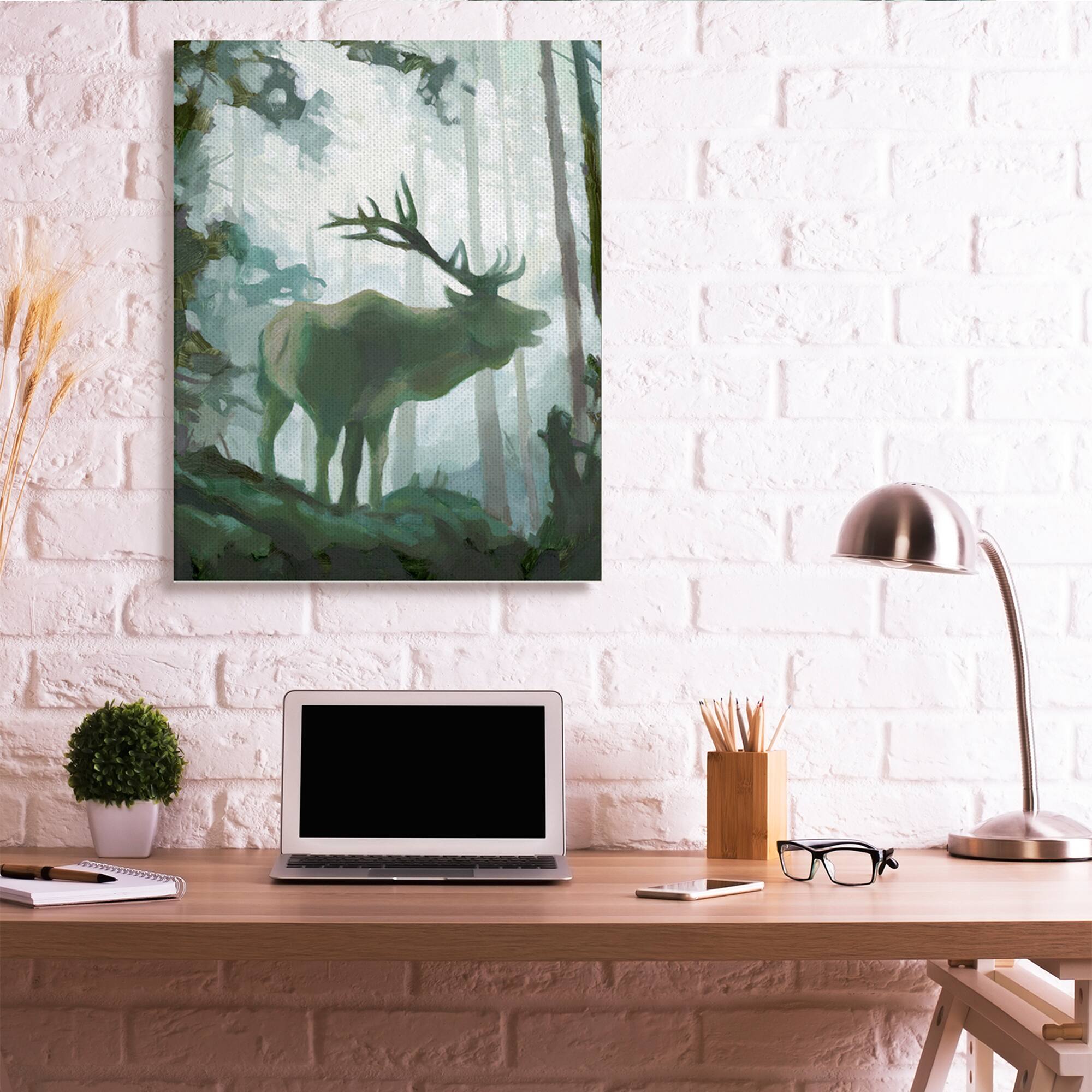 Stupell Industries Elk Wilderness Silhouette Deep Green Forest Animal Canvas Wall Art