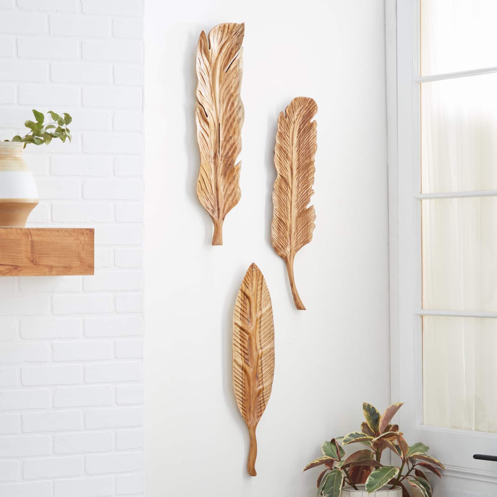 Set of 3 Brown Teak Wood Rustic Wall Decor 7", 27"