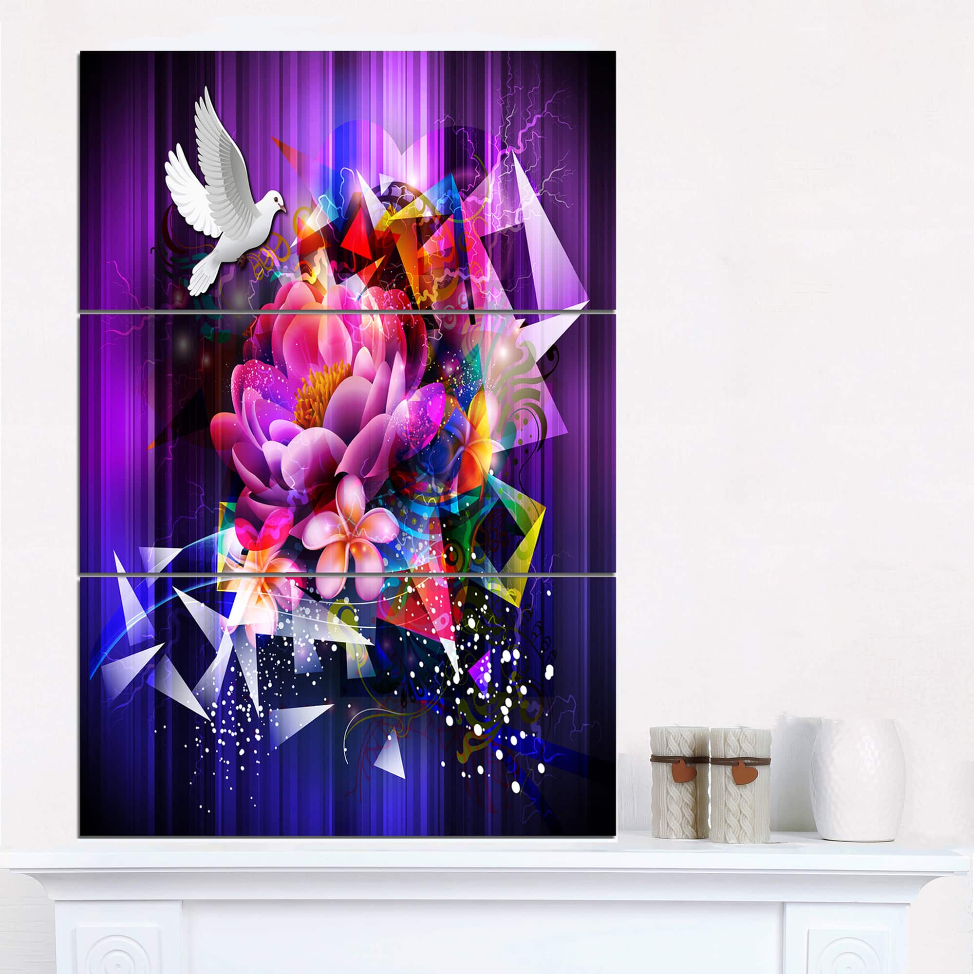 Designart - Abstract Floral Design with Dove - Floral Canvas Art print