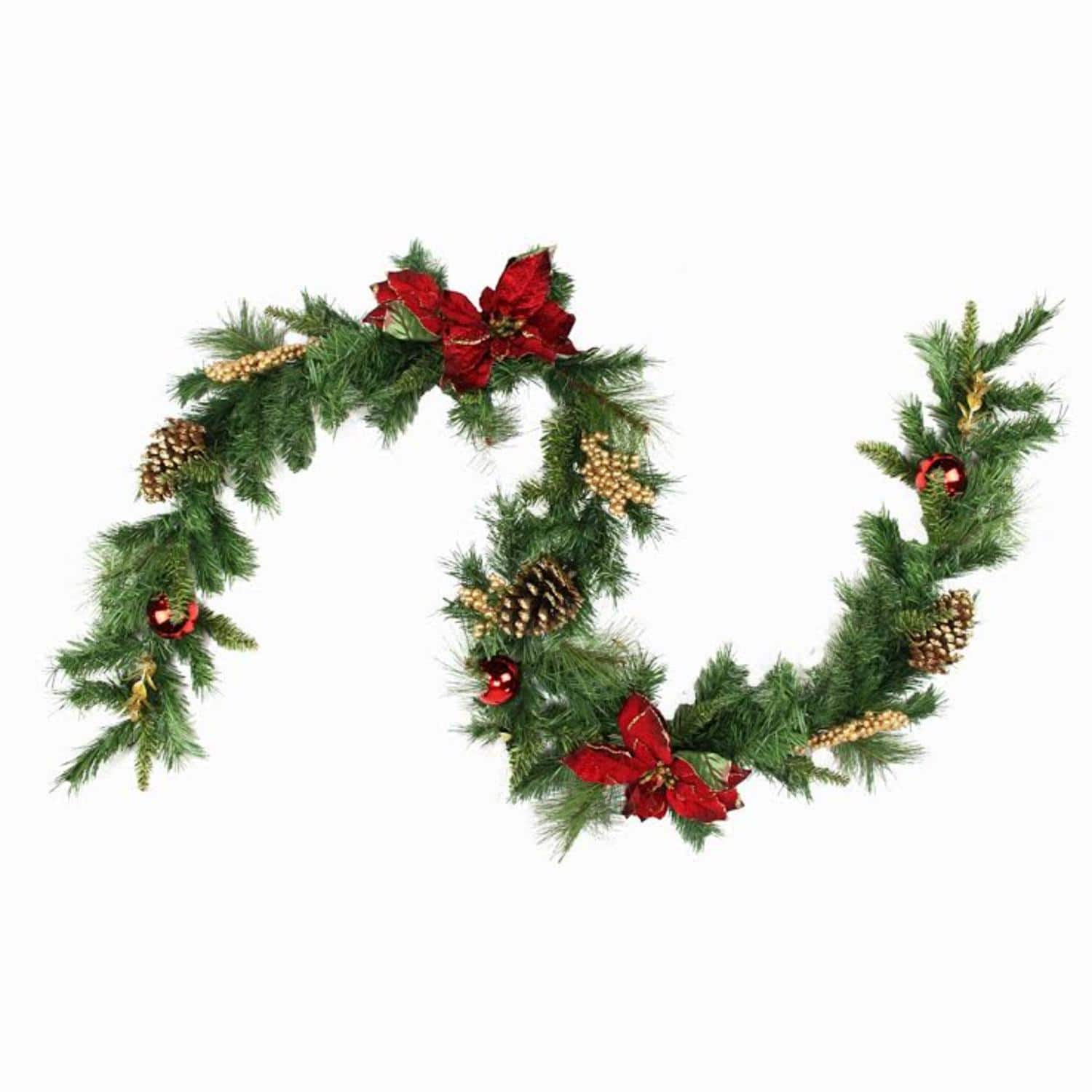 Red Balls & Poinsettias Gold Pine Cones with Berries Pine Garland, Unlit