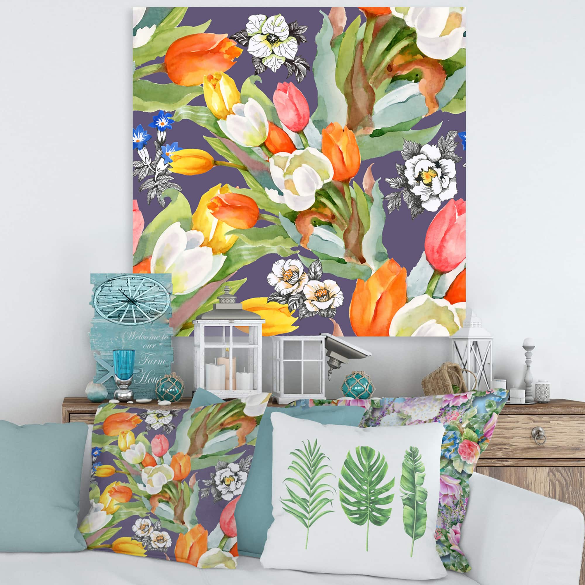 Designart - Blooming White and Orange Tulips VI - Traditional Canvas Wall Art Print
