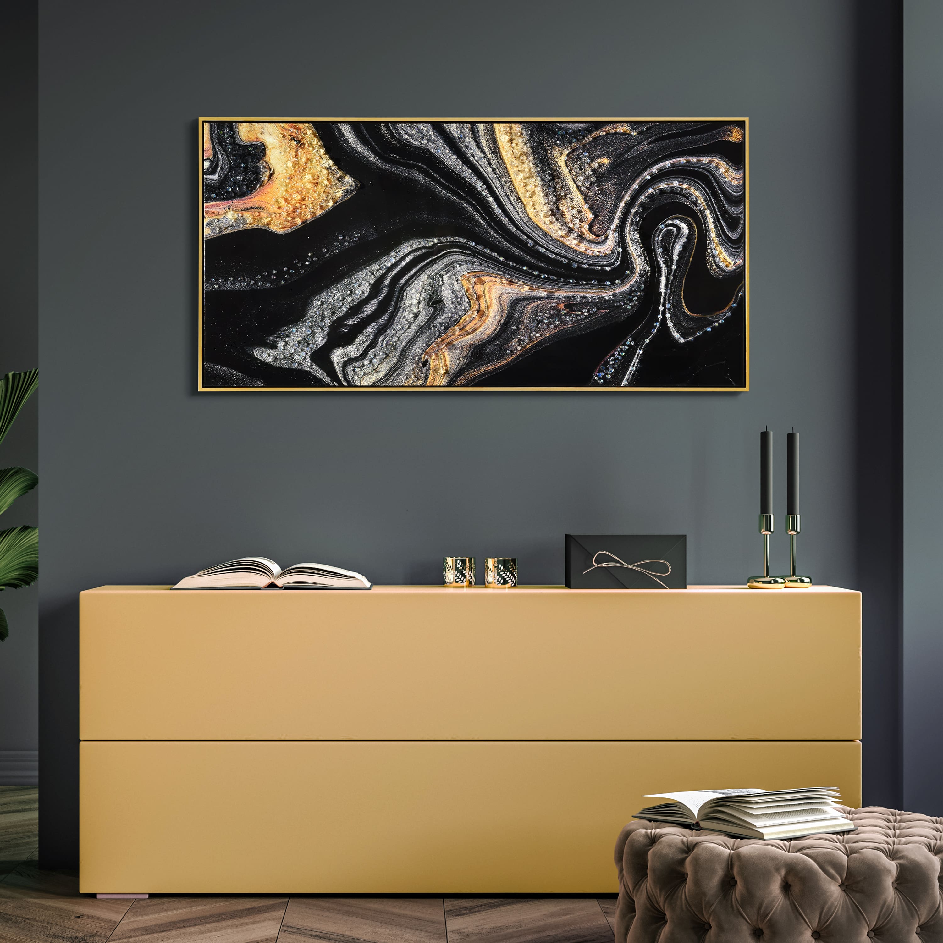 Empire Art Direct Arte De Crystallus 24" x 48" Golden Veins III Epoxy Coated Wrapped Framed Glossy Abstract Canvas Wall Art