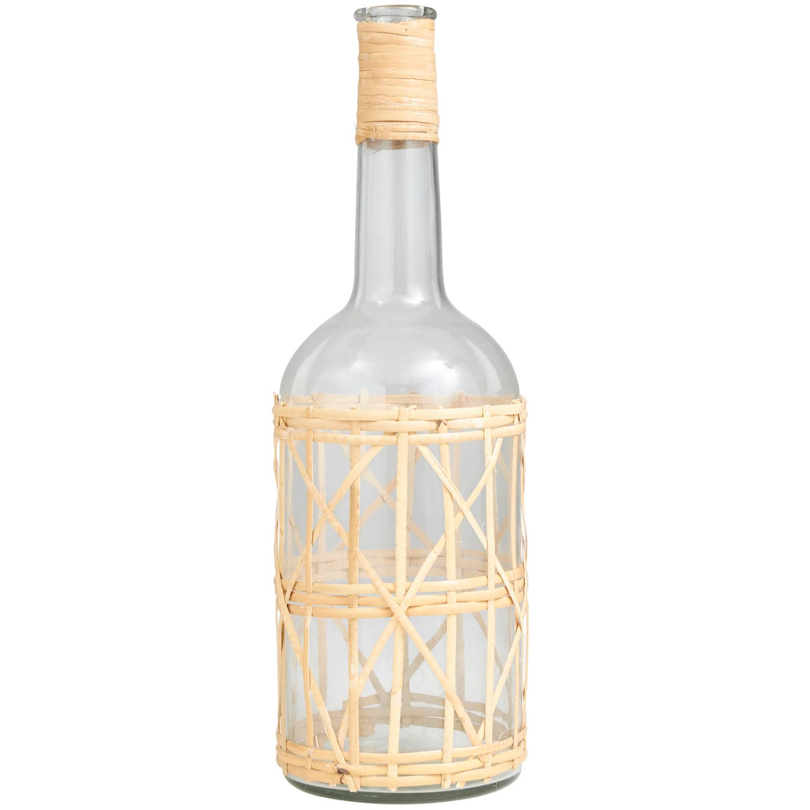 19" Clear Glass Handmade Vase with Light Brown Rattan Woven Body & Neck