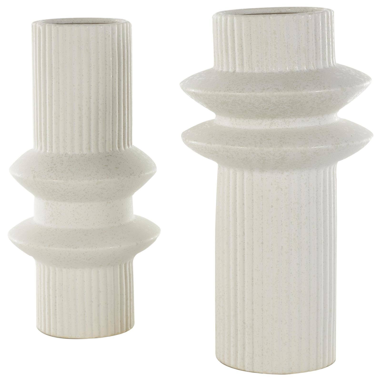 White Ceramic Abstract Ribbed Vase with Speckled Texturing