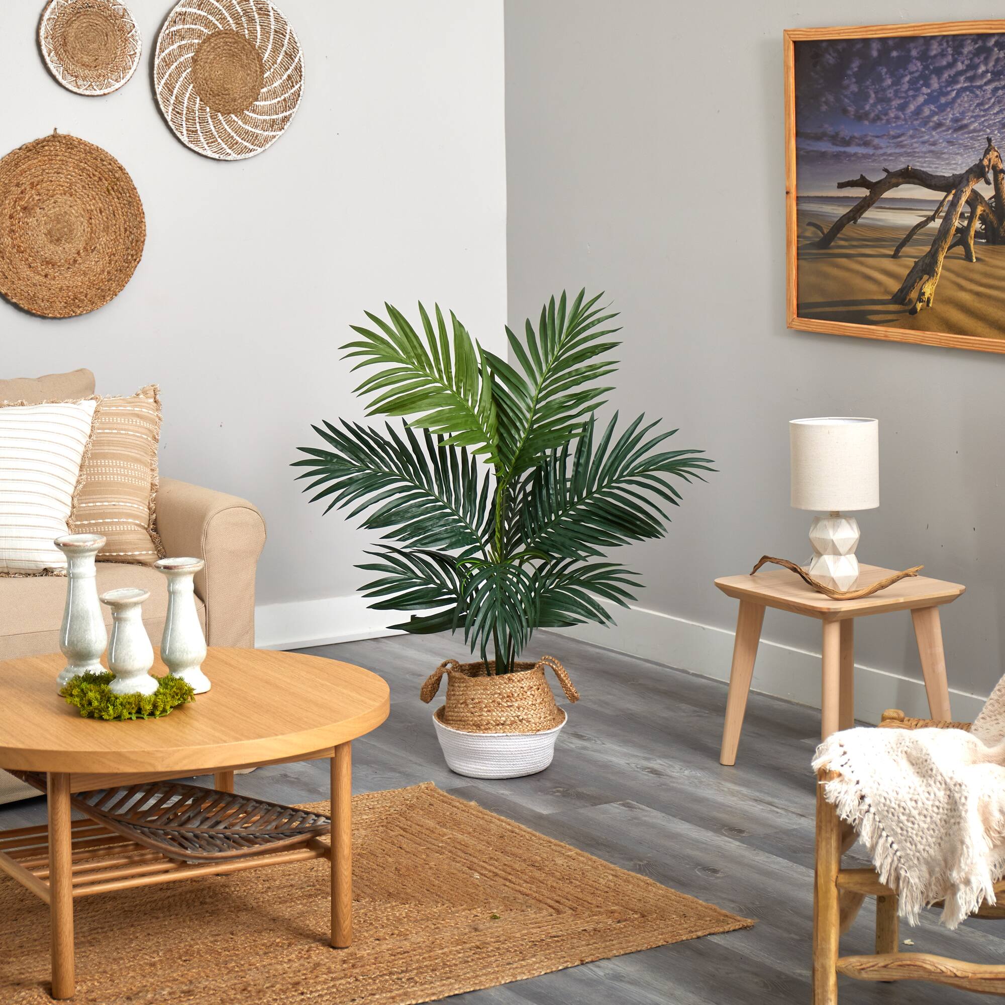 4ft. Kentia Palm Artificial Tree in Boho Chic Handmade Cotton & Jute White Woven Planter