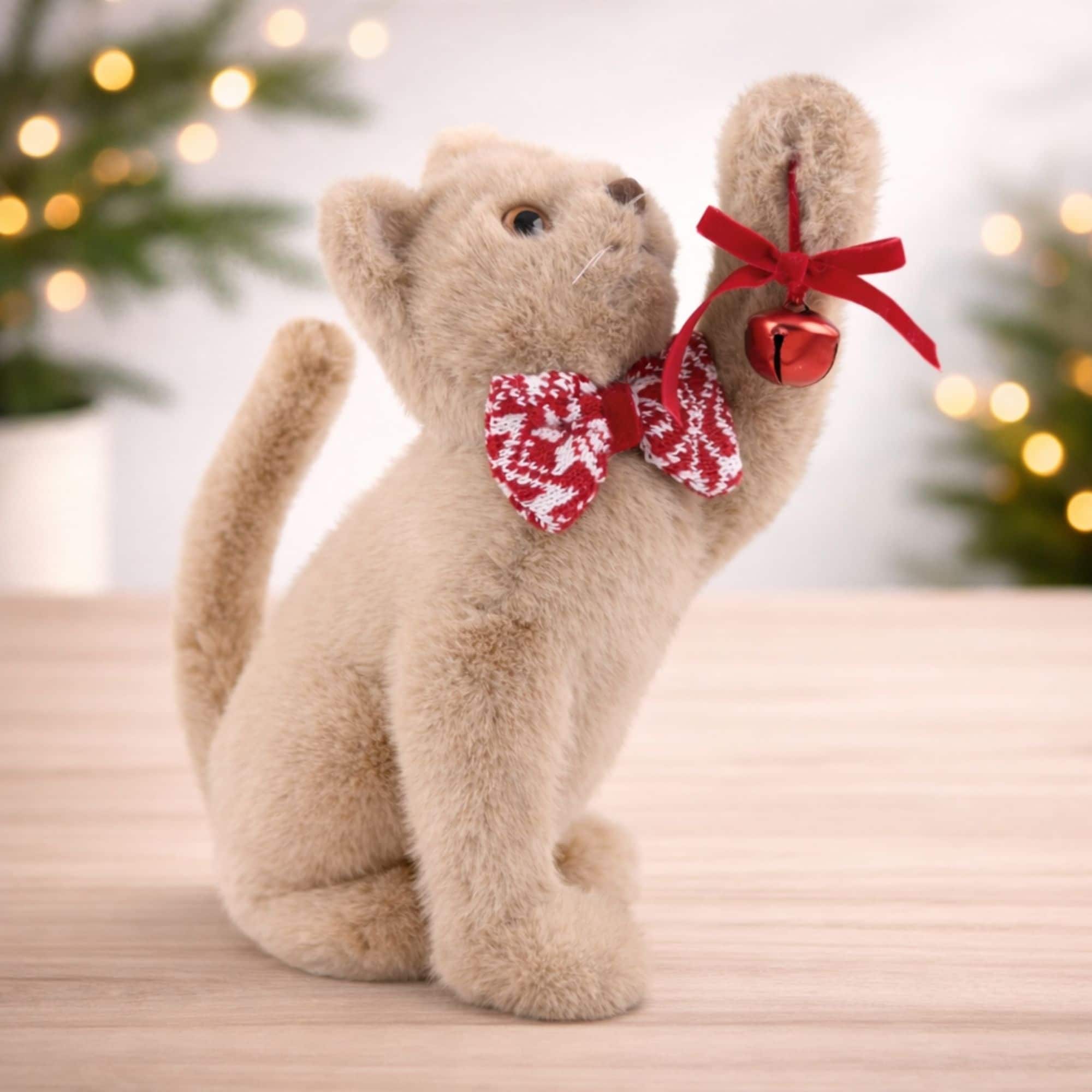 Melrose 11" Christmas Cat with Knit Bow Plush Figurine