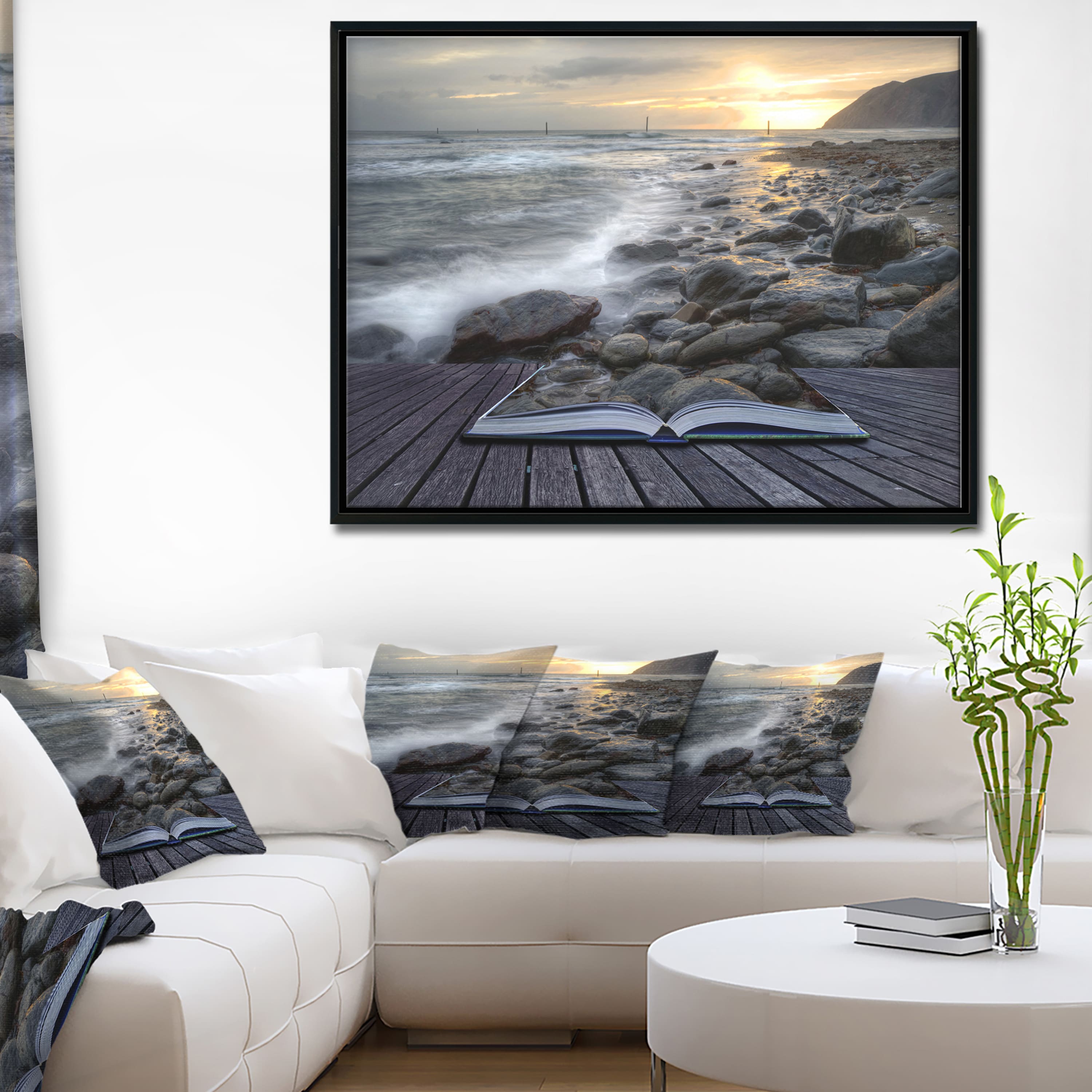 Designart - Open Book to the Evening Sea - Contemporary Canvas Art Print in Black Frame