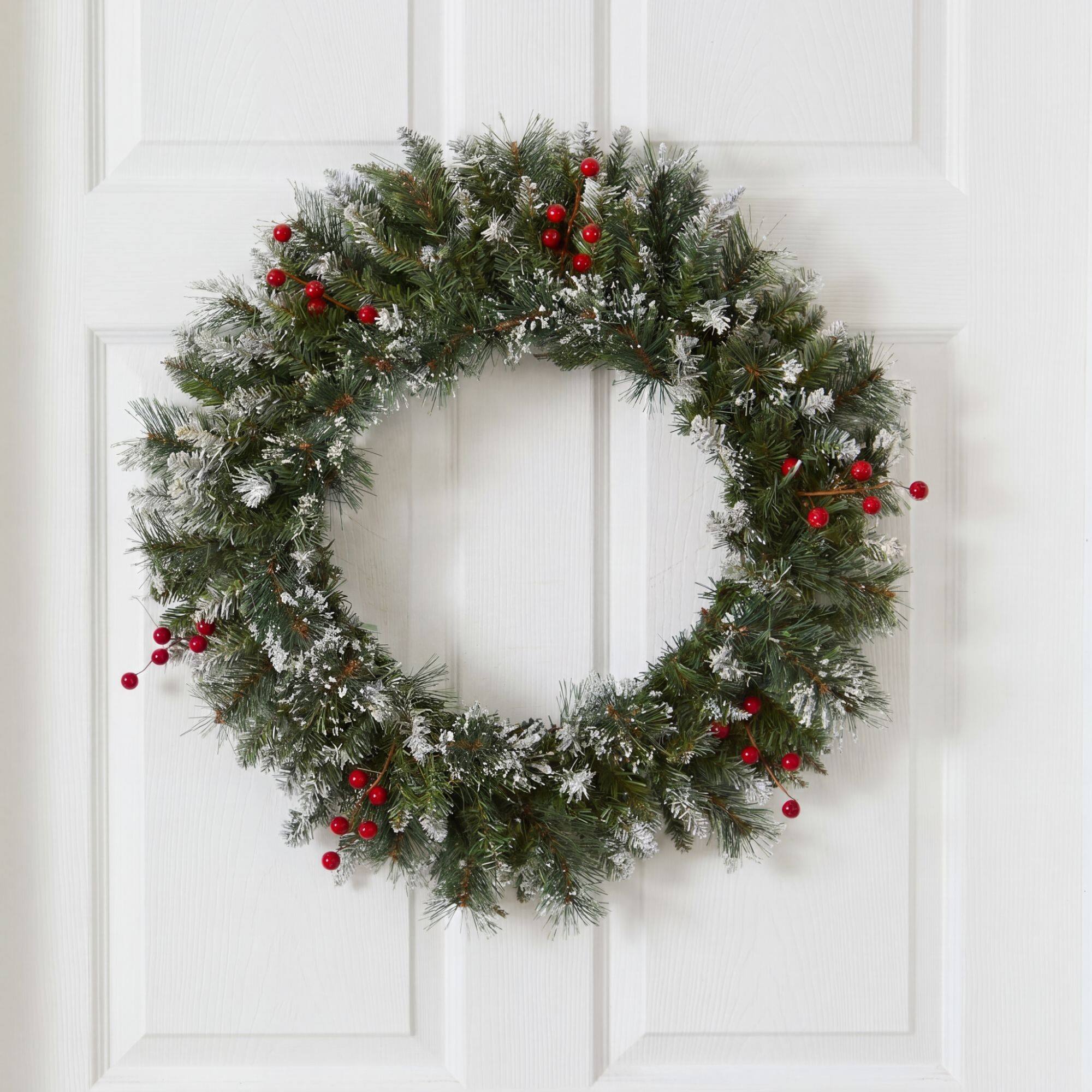Nearly Natural 24" Artificial Frosted Swiss Pine Wreath with Berries