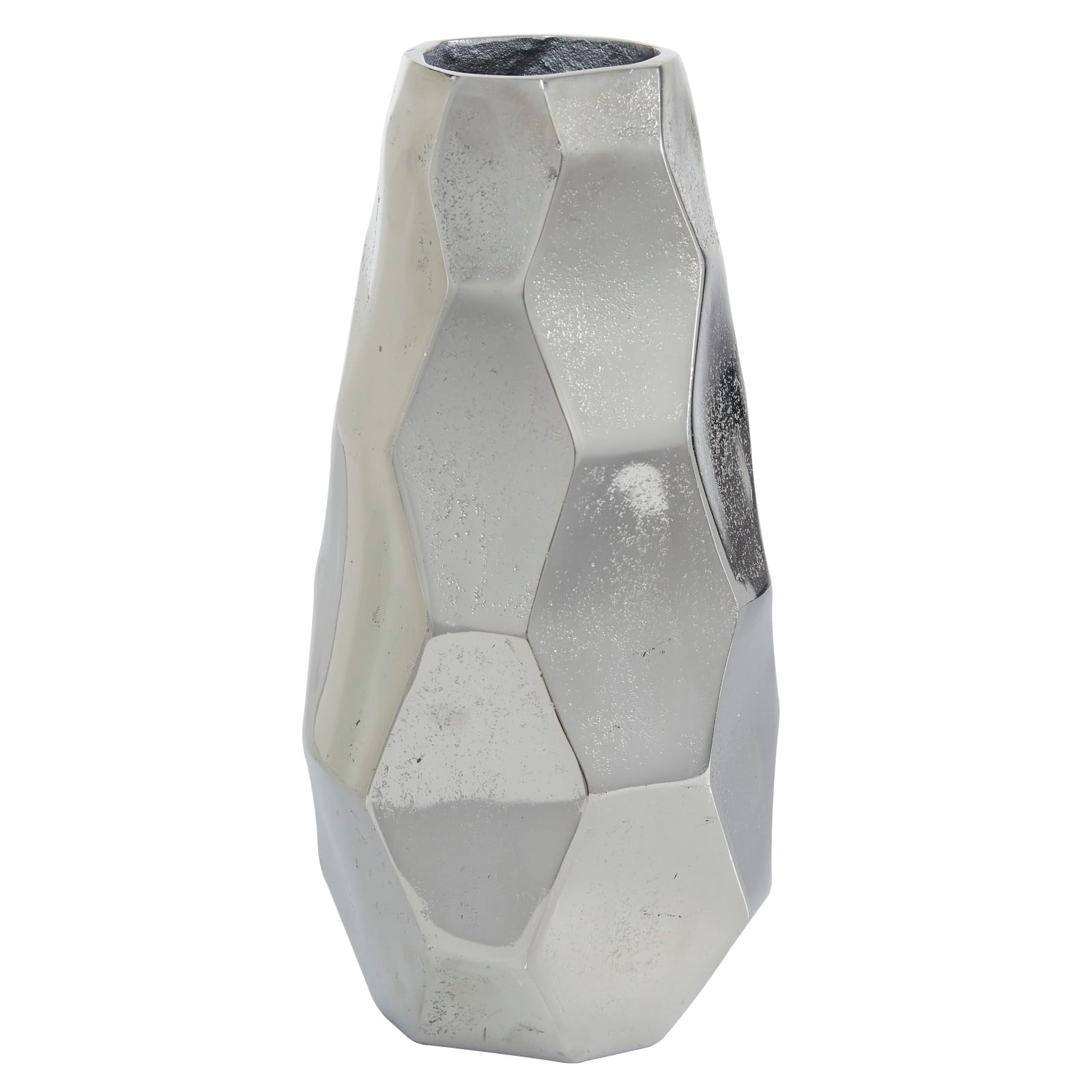 Contemporary Geometric-Style Metallic Silver Aluminum Vase, 12" x 5.7" x 5.4"
