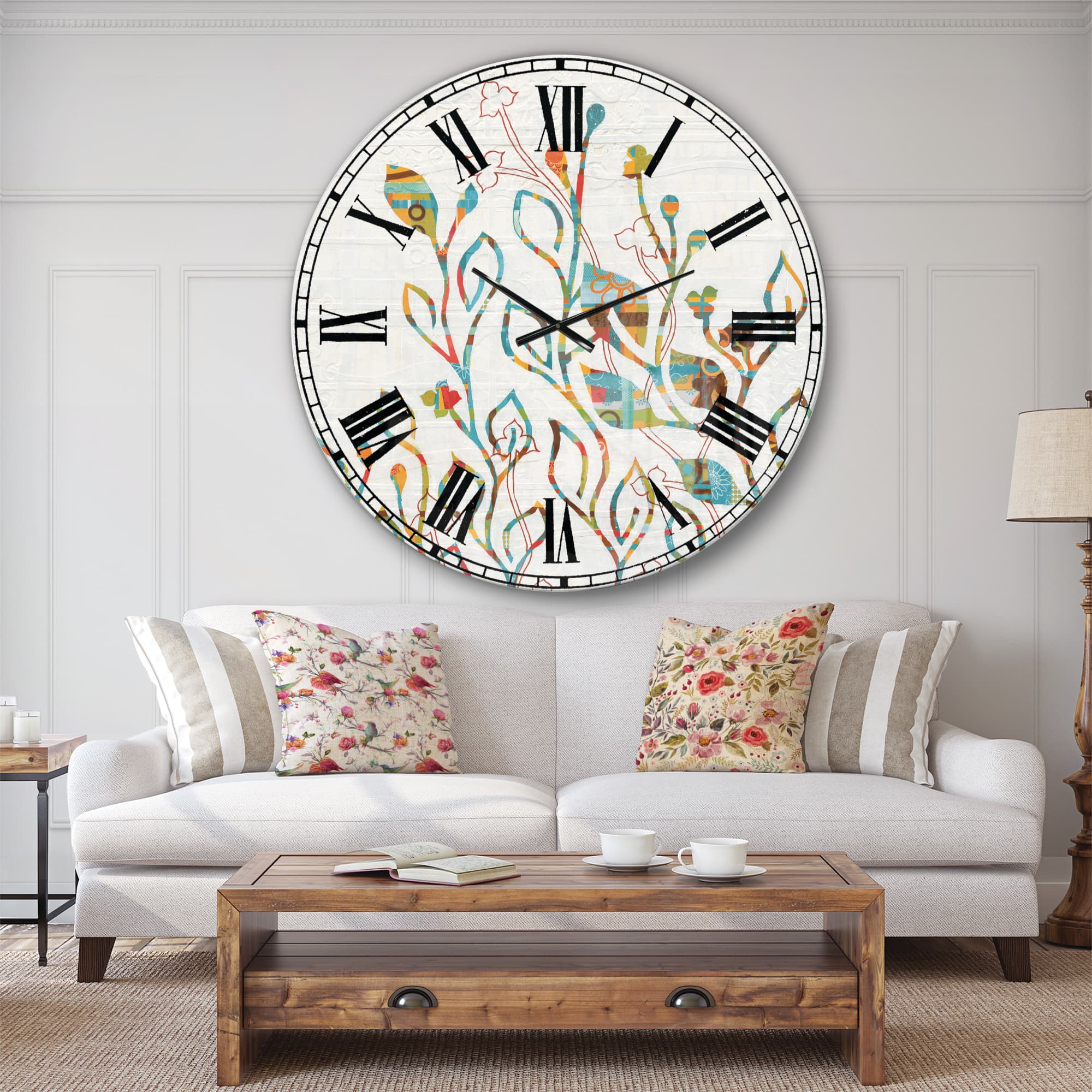 Designart Rainbow Coloured Vines and Flowers Farmhouse Wall Clock