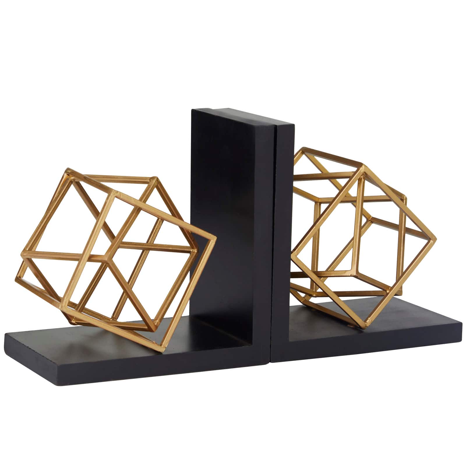 8" Gold Stainless Steel Overlapping Cube Geometric Bookends with Black Bases Set