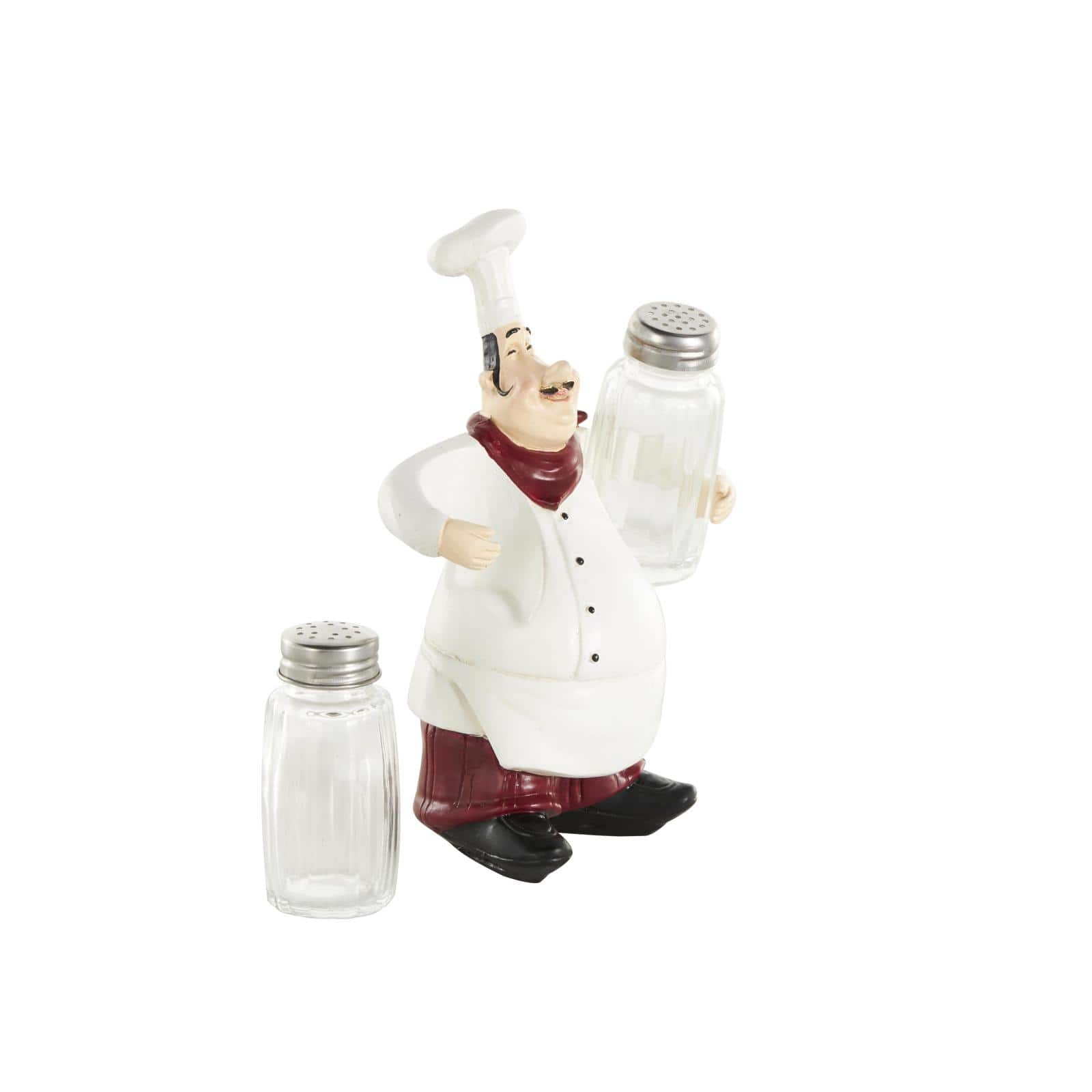 8" White Polystone Chef Figurine Salt & Pepper Shaker Holder with Red Accents