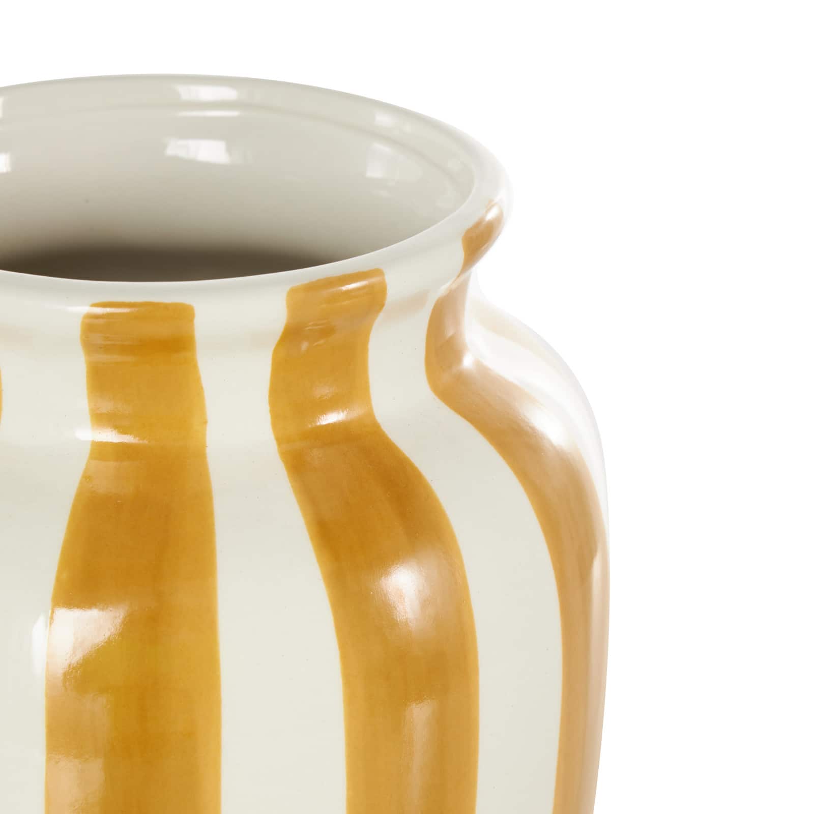 9.5" White & Yellow Stripes Round Wide Ceramic Vase