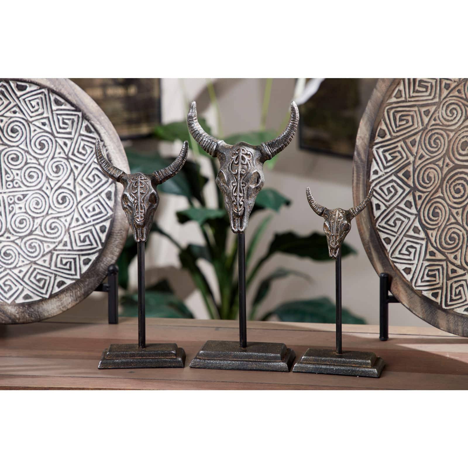 Set of 3 Grey Metal Eclectic Bull Sculpture, 15", 12", 10"