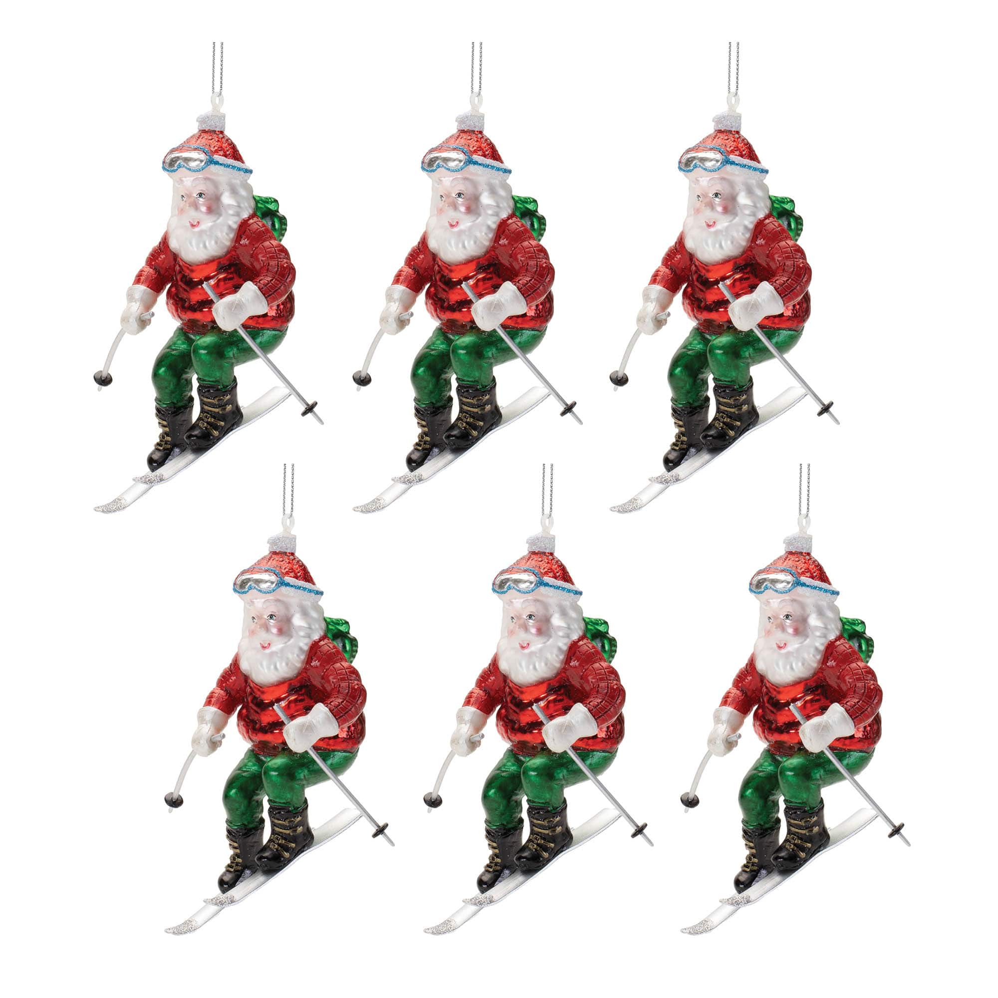 4.5" Glass Skiing Santa Ornaments, 6ct.