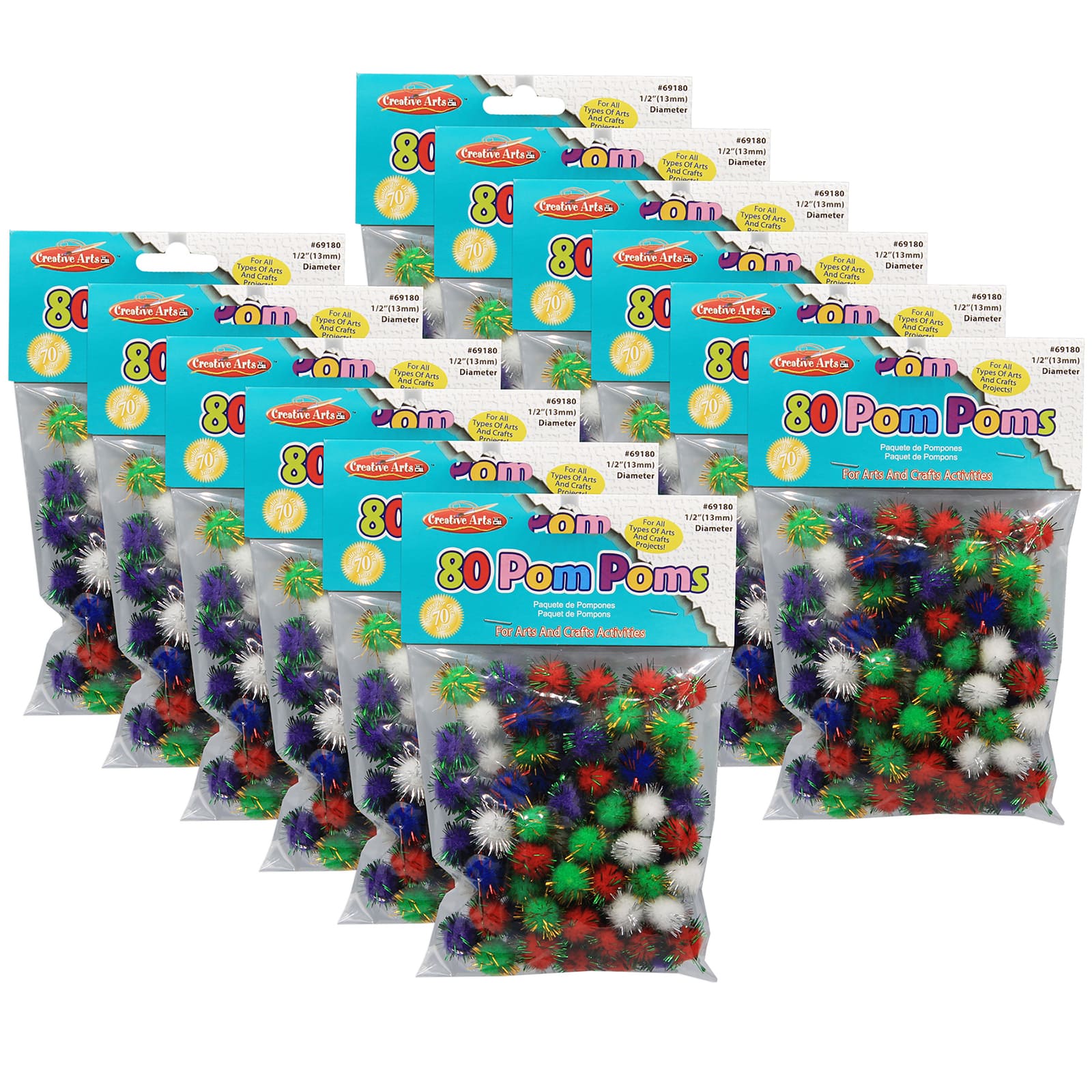 Creative Arts 2 Pack Assorted Glitter Colors 1/2" Pom-Poms, 160ct.