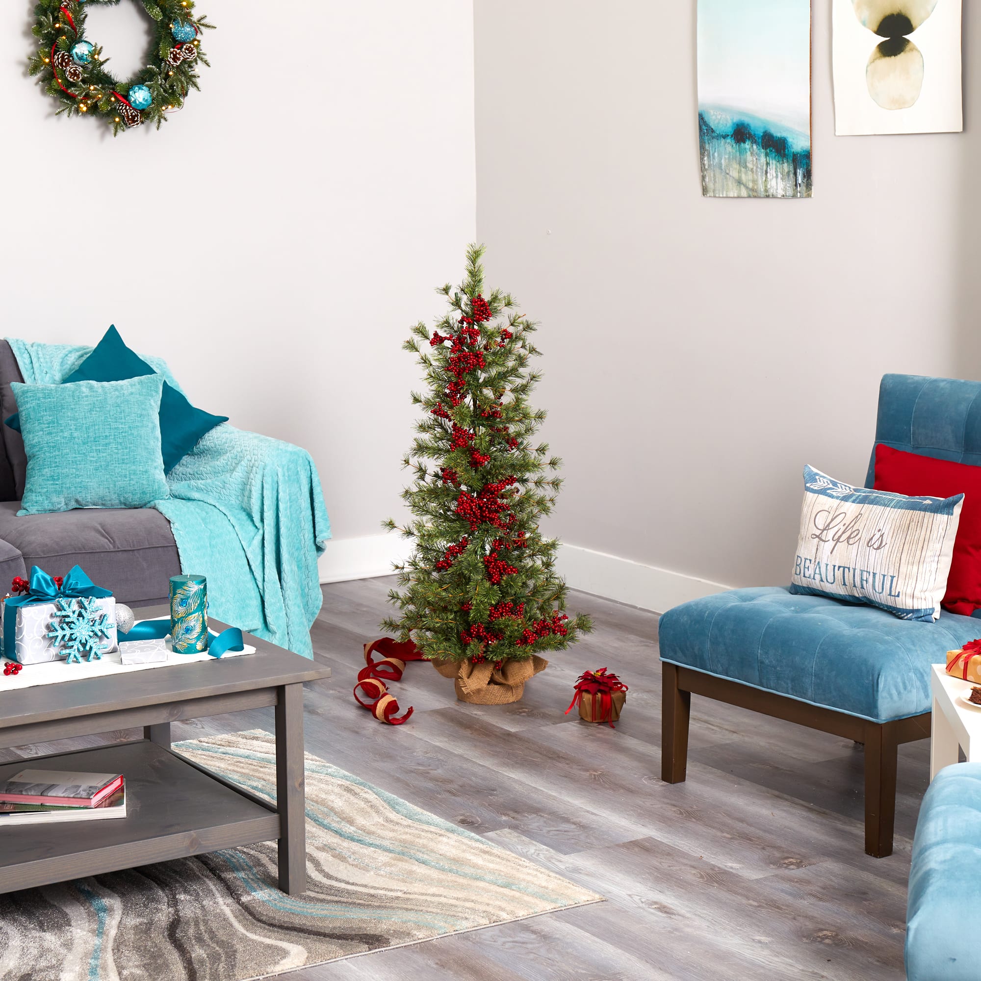 4ft. Pre-Lit Berry & Pine Artificial Christmas Tree, Warm White Lights