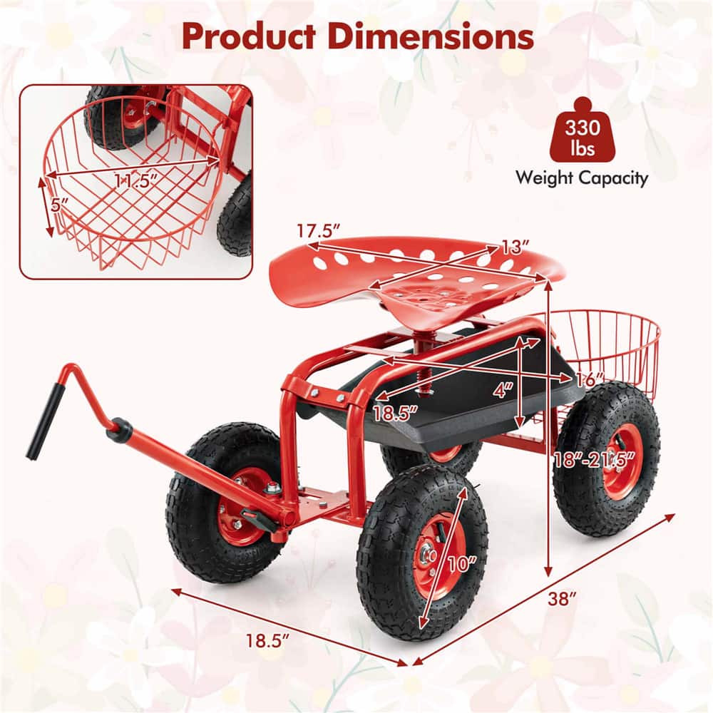 Costway Garden Cart Rolling Work Seat Wagon Scooter for Planting with Extendable Handle